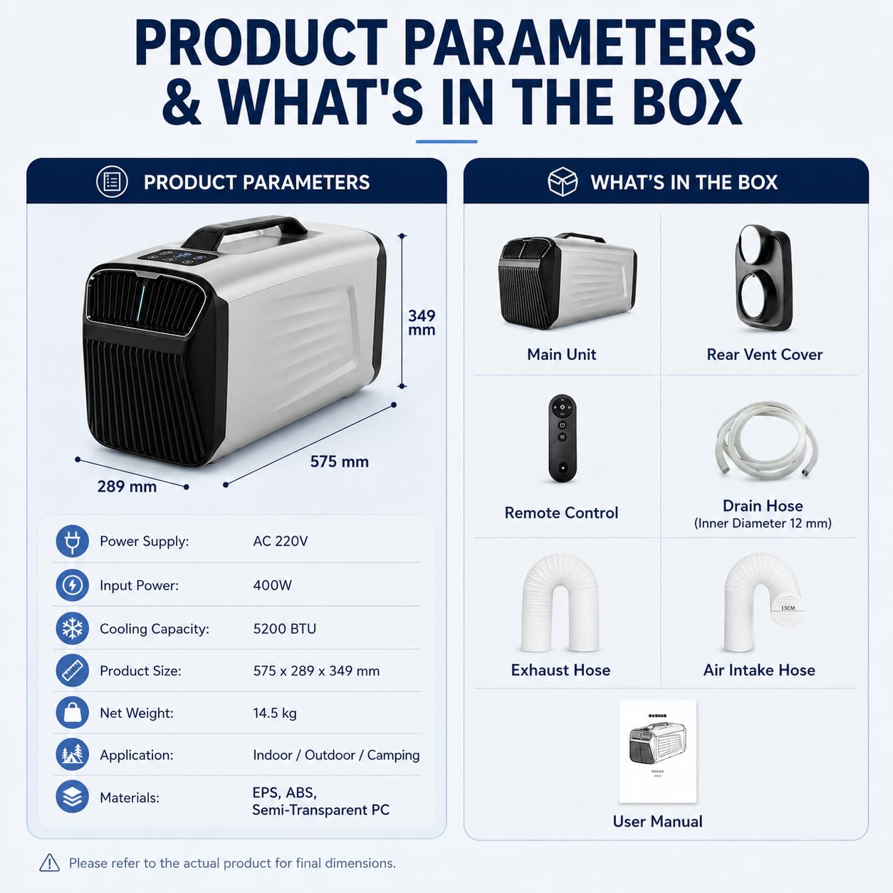 Condizionatore Portatile Stile Inverter per Casa e Camping | Design raffreddamento efficiente, formato viaggio compatto, collegamento AC, 4 modalità, ambiente estivo confortevole