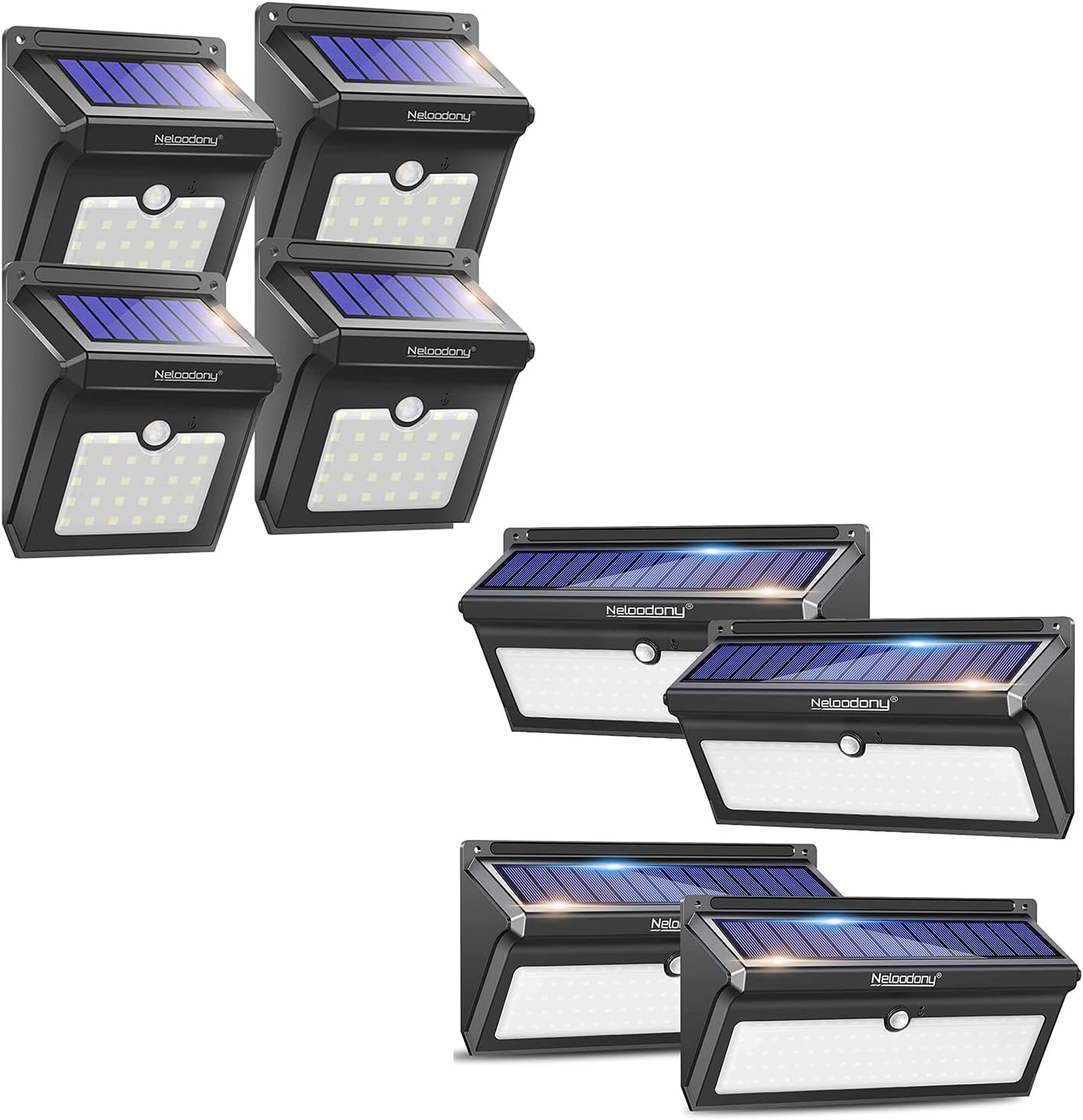Neloodony 4 Pack 28 LED Solar Outdoor Lights and 4 Pack 100 LED Solar