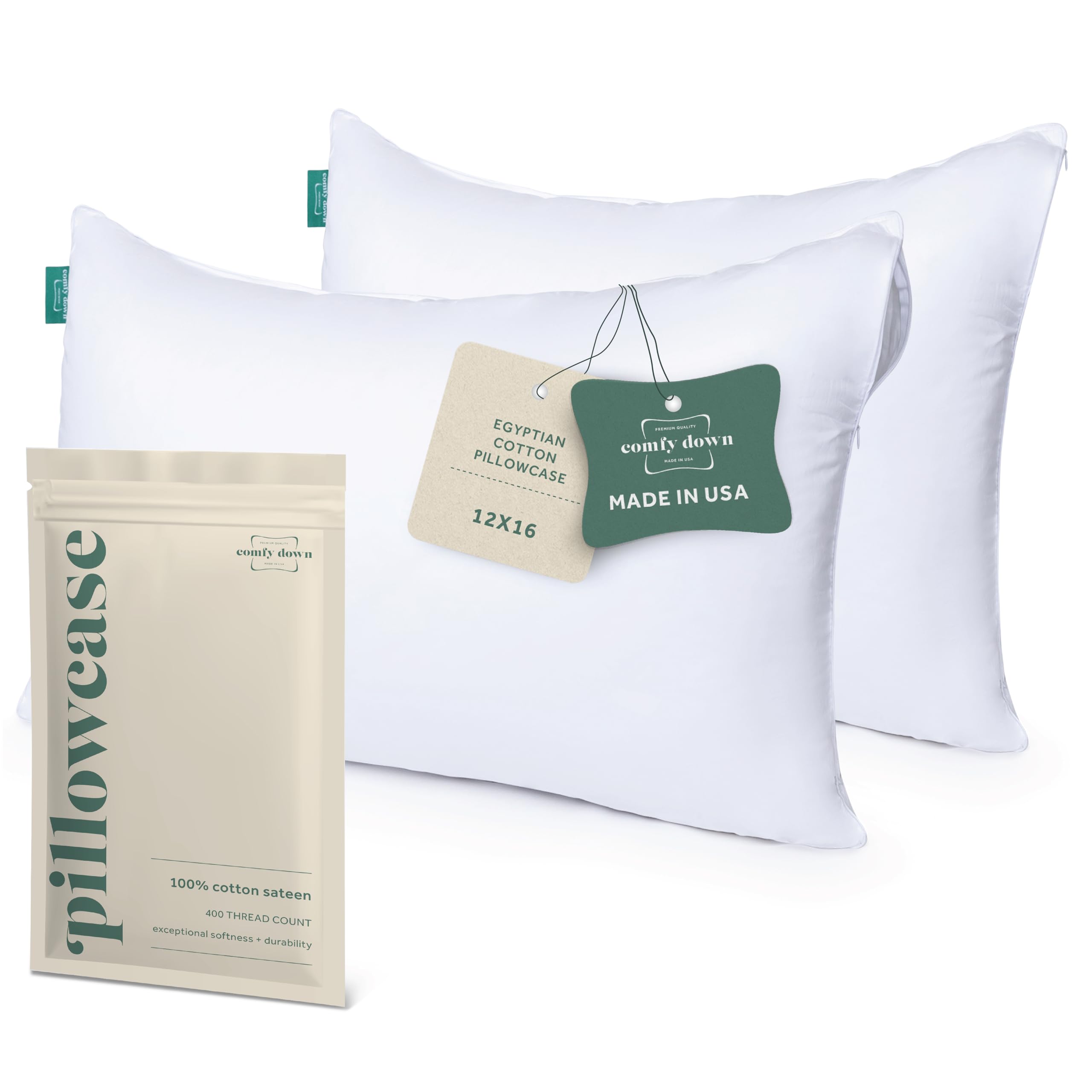 ComfyDown Pillowcase for Toddler & Travel Pillows - 2 Pack - Breathable, 100% Cotton, 400 Thread Count, Zipper Closure - Made in USA - 12"x16"