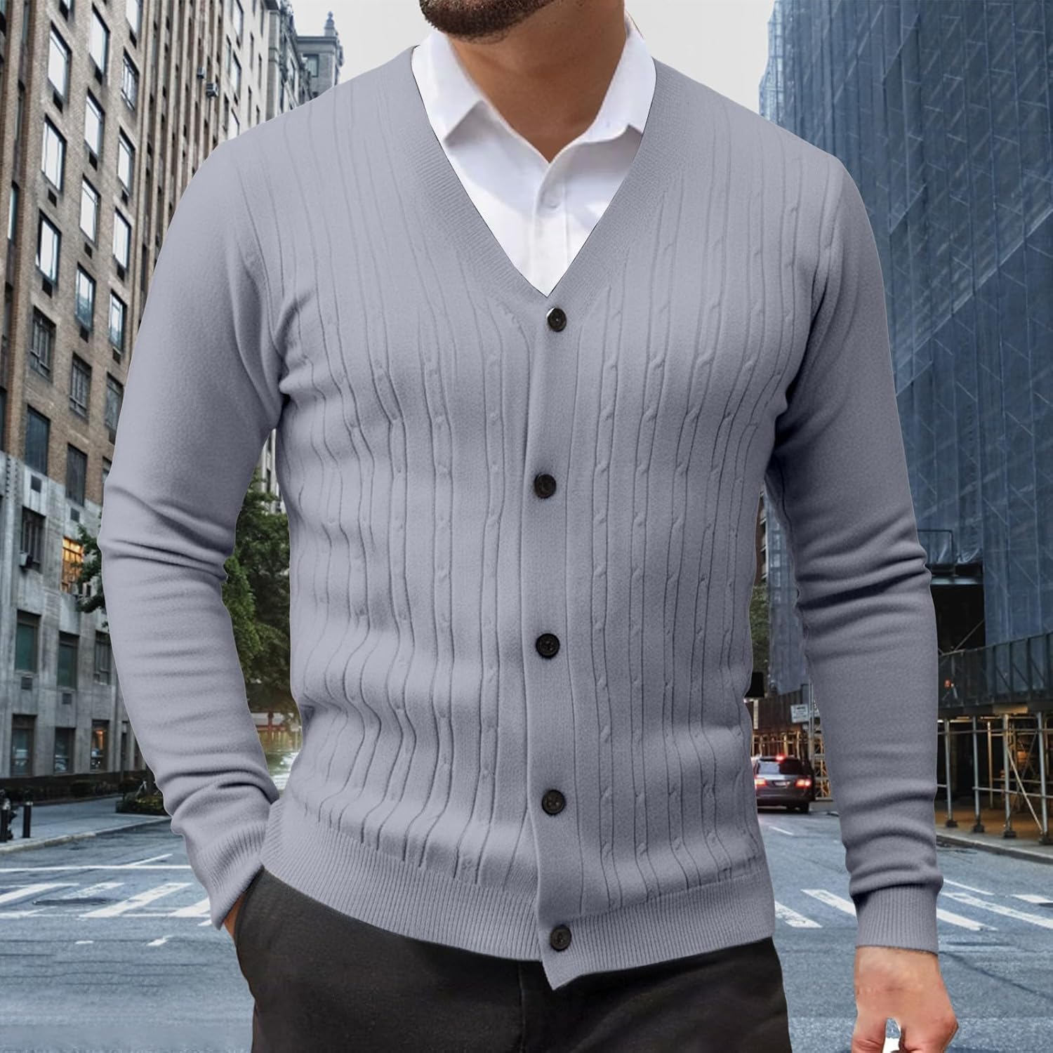 Knit V Neck Button up Ribbed Sweaters, Mens Fall Cardigan Sweater, Long Sleeve V Neck Slim Fit Button Down Sweaters