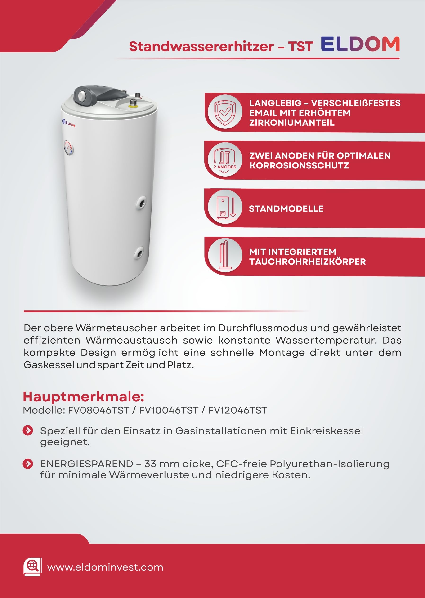 80 Liter Kombispeicher kombinierter Warmwasserspeicher mit 1 Wärmetauscher und 2000W Heizlement als Unterstellspeicher - Anschlüsse nach oben -