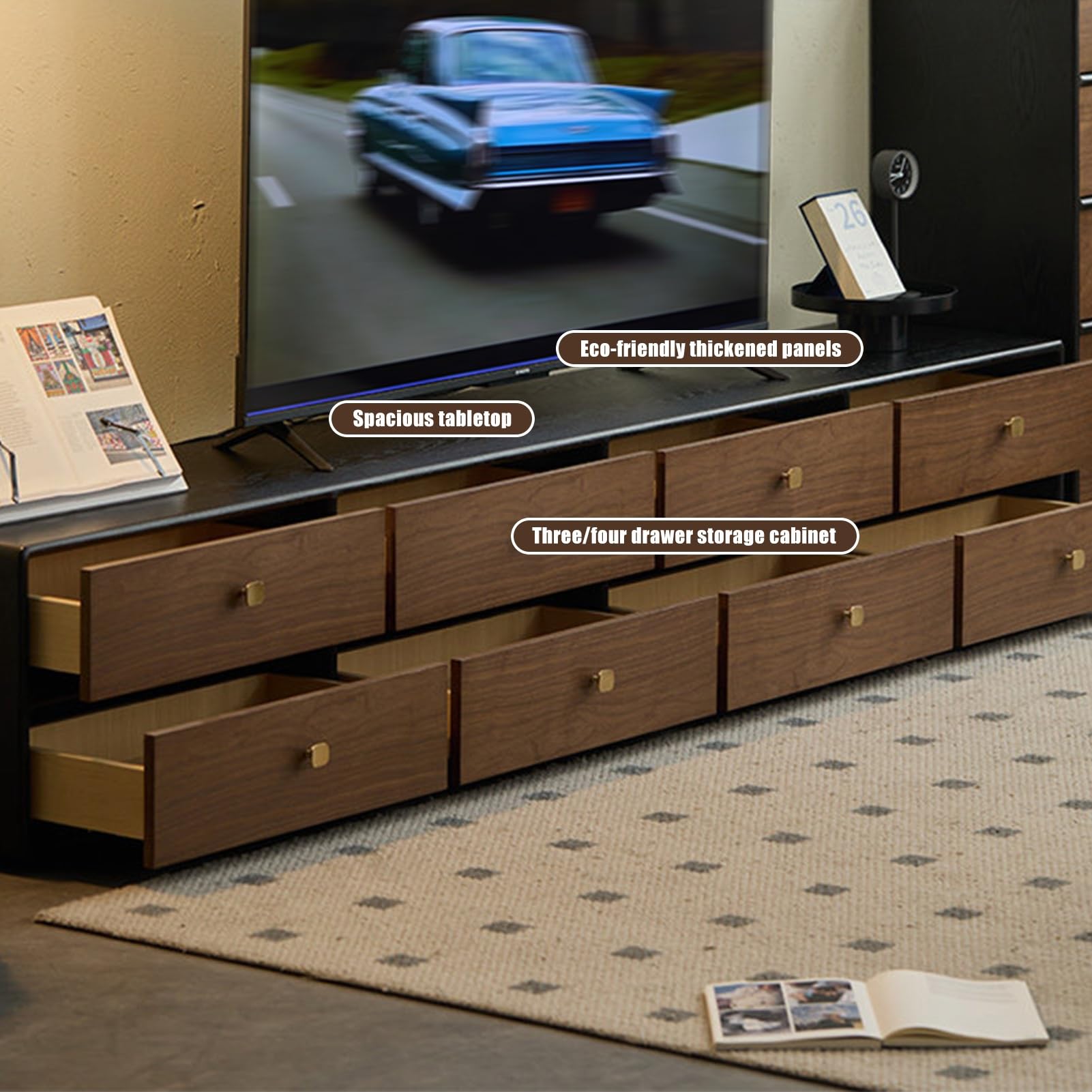 Mobile TV Legno Noce Nero Console Multimediale Maniglia Metallo Dorato | Centro Intrattenimento in Legno con Contenitore, Comodino Vintage in Legno Massello con Cassetto(180CM/70.8IN)