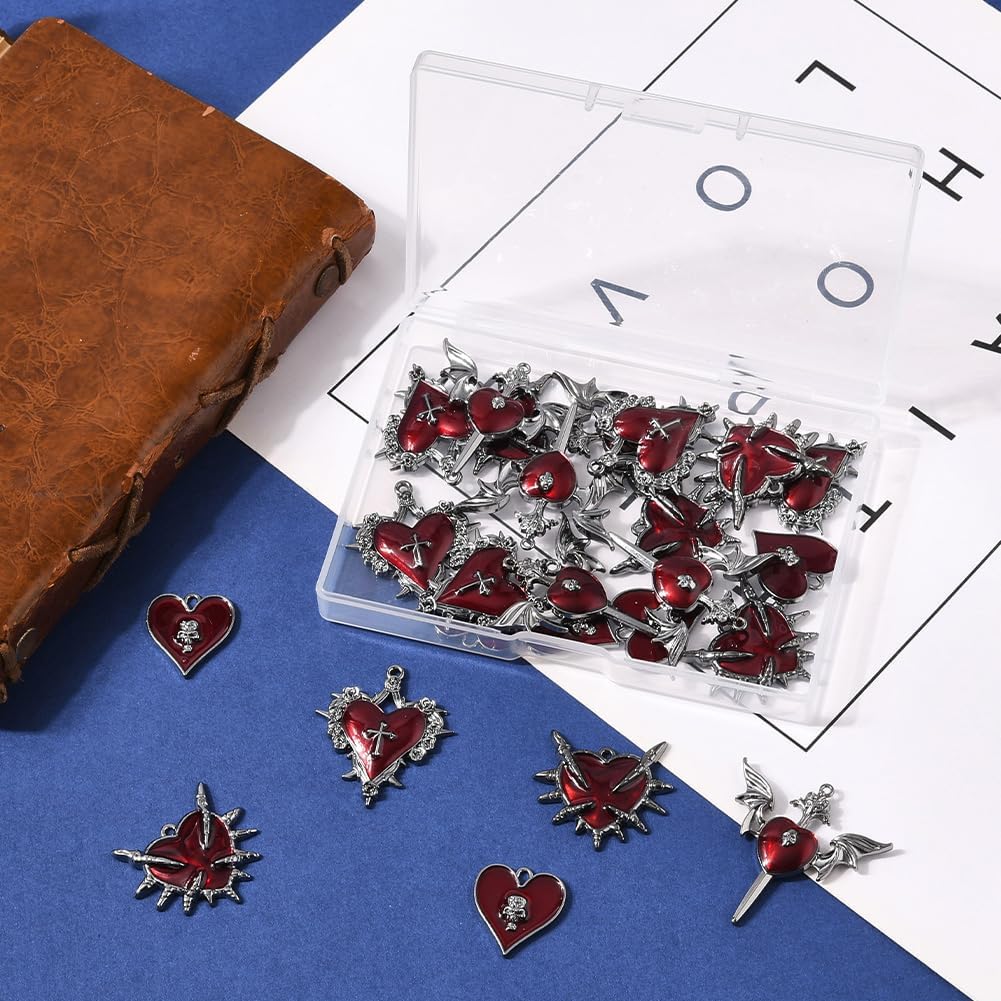 SUNNYCLUE 1 Box 24Pcs 4 Styles Gothic Heart Charms Sacred Heart Charms Bulk Metal Enamel Dark Red Love Wings Cross Skeleton Dangle Pendants for Jewelry Making DIY Necklace Earrings