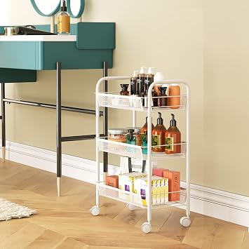 WELDUN 3-Tier Storage Trolley, Meatl Rolling Cart, Mesh Storage Cart White