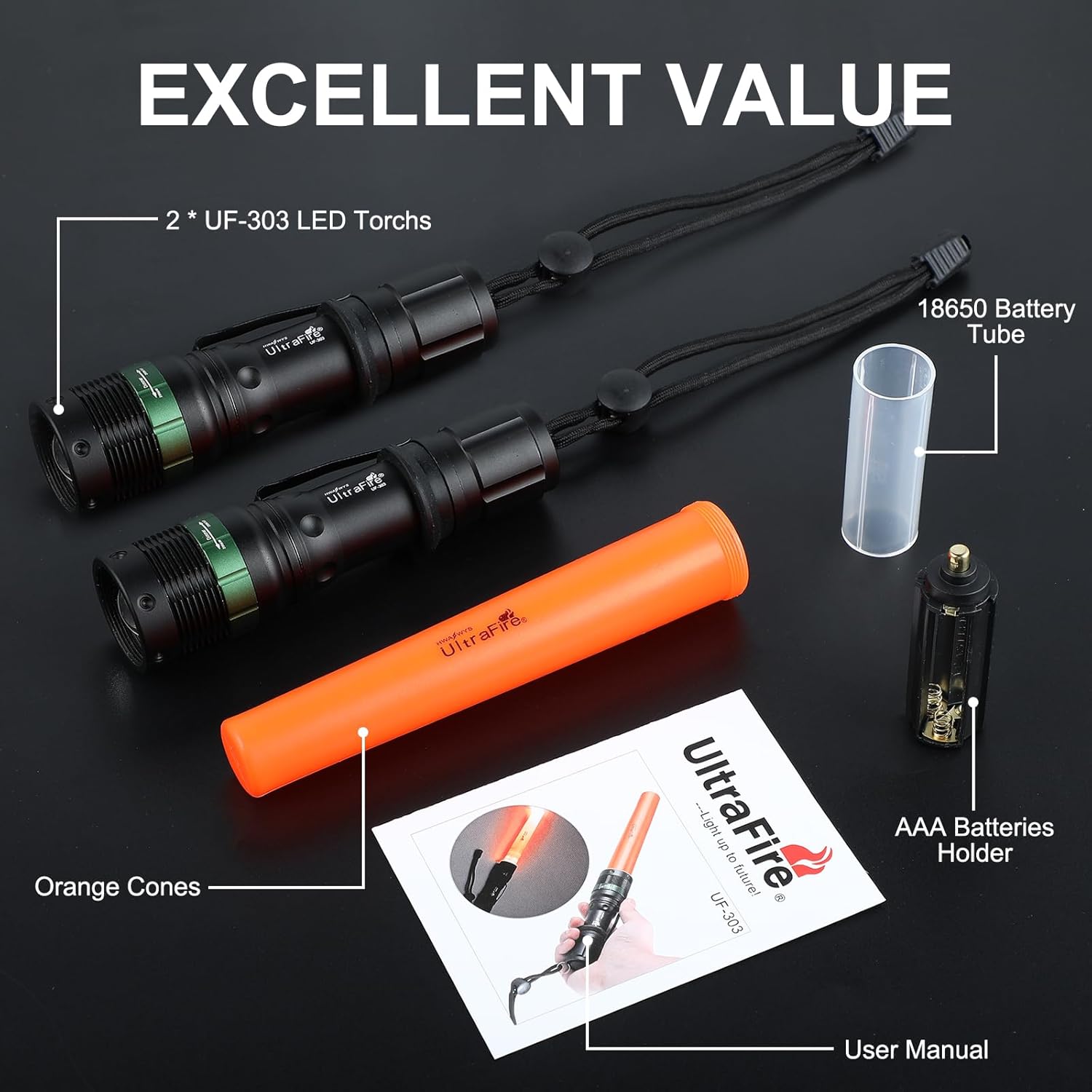 ULTRAFIRE 2pc 11-Inch Signal Traffic Wand Safty LED Flashlight 250 Lumen, Red Flashing Mode, Wrist Strap Lanyard, Side Clip, Orange Finish for Kids Outdoor Camping