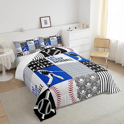 Miniatura 4 de Erosebridal Juego de edredón de béisbol tamaño Queen, juego de ropa de cama de béisbol para niños, edredón cálido de pelotas de bate de béisbol,