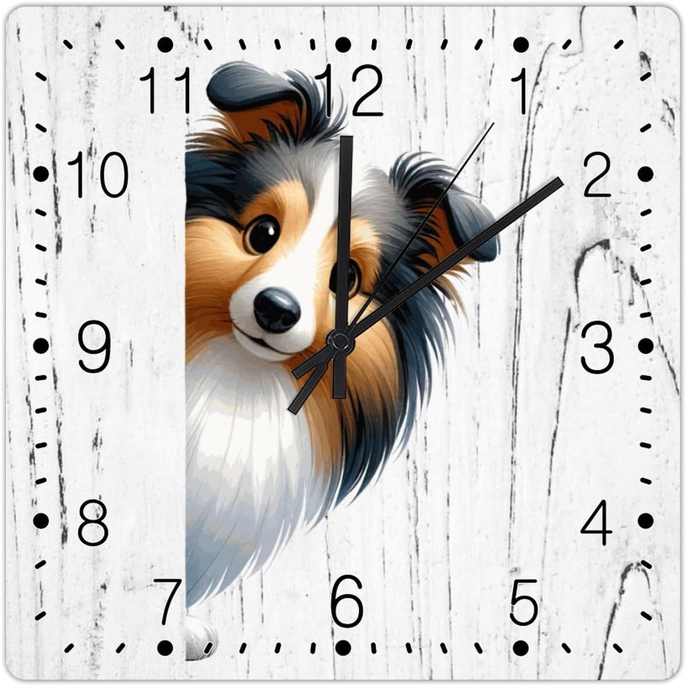 Clock Shetland Sheepdog Wooden Clock Shetland Sheepdog Dog Peeking ASquare Corner Wood Clocks Non-Ticking Battery Operated Square Clock Dog Memorial Clocks for Living Room 15x15in