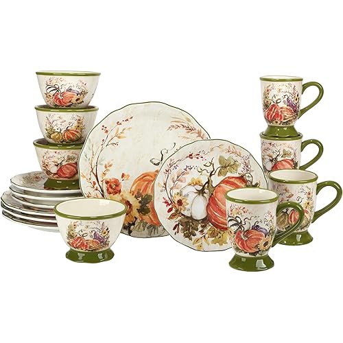 Harvest Morning 16-Piece Ceramic Dinnerware Set, Service for 4 – Celebrate autumn with vibrant pumpkins and florals, perfect for cozy family meals, Thanksgiving gatherings, and fall entertaining
