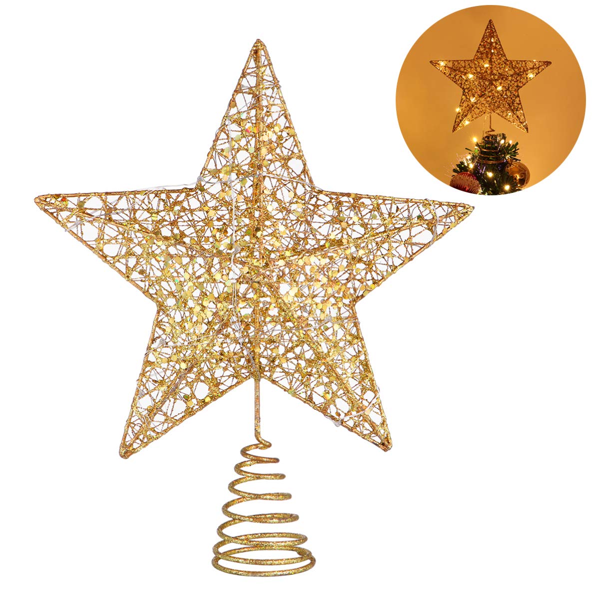 Lot de 10 étoiles de sapin de Noël illuminées - 3D pailletées dorées - Décorations de Noël pour sapin de Noël - Décoration de fête - Doré
