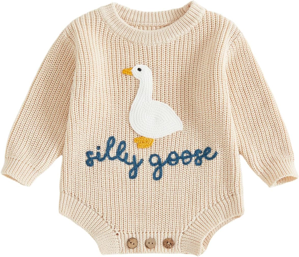 赤ちゃん 女の子 男の子 服 愚かなグース 刺繍 クルーネック 長袖 ニット セーター バブルロンパース Newbrn 秋冬 服