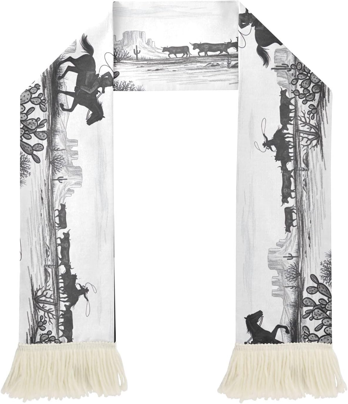 CHIFIGNO Cowboy Desert Cacti Grey Sports Fan Scarf with Fringe Ends, Soft Polyester Cheering Towel for Soccer Football Games, Quick Dry Sweat Absorbent Rally Scarf