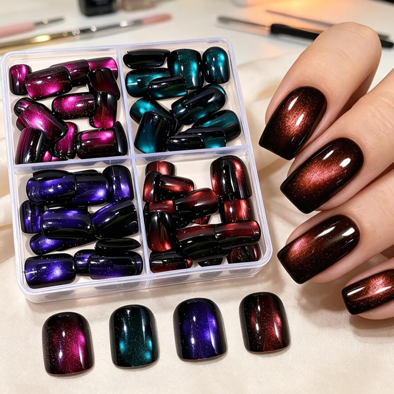 96PCS Short Square Cat -Eye Press on Nails, 4Color Magnetic Galaxy Glitter Fake Nails Full Cover Glossy Red Green Purple Blue Glossy Acrylic Stick on Nails for Women DIY Manicure