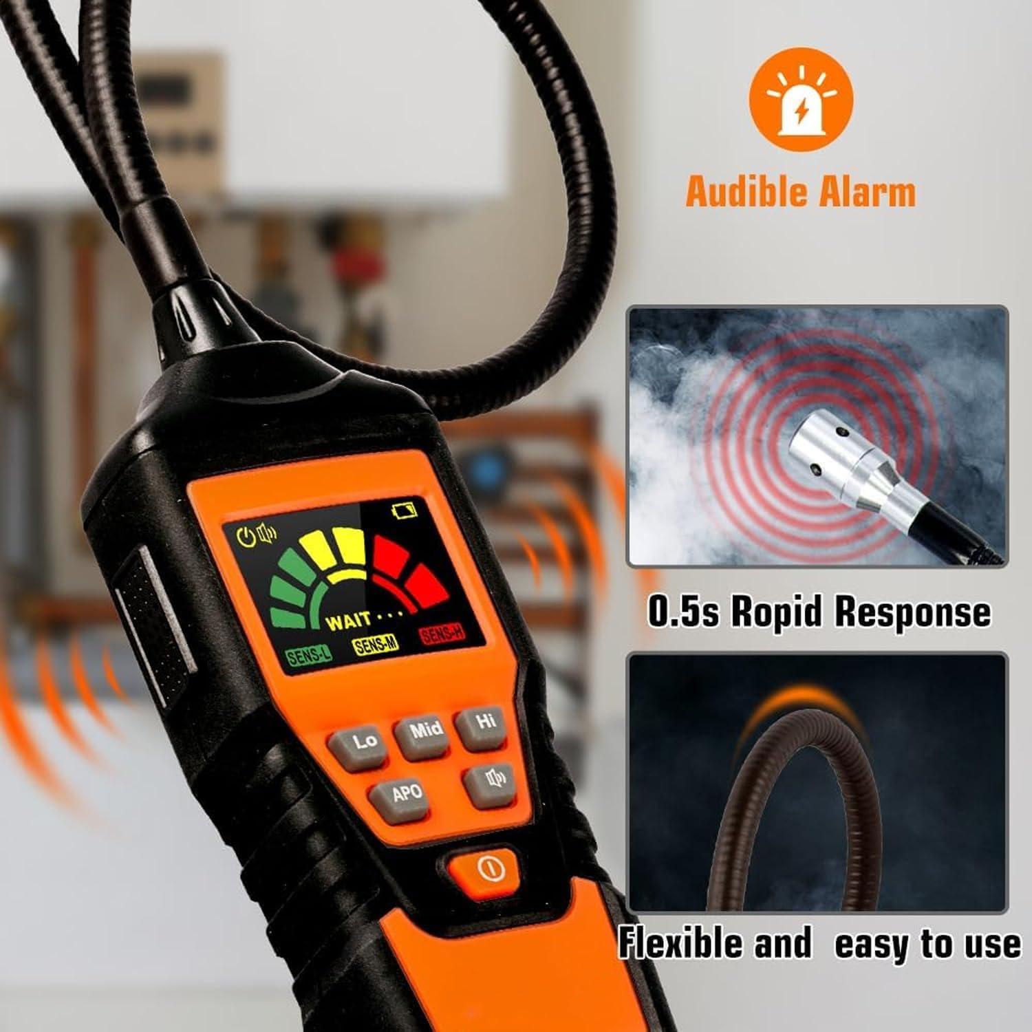 Combustible Gas Detector, Analog Bar Display and Audio Alarm, with 16in Gooseneck, Sensitivity (Methane) 50ppm, for Detect Combustible Gas Leaks in Pipelines, Equipment, Regulators, and More