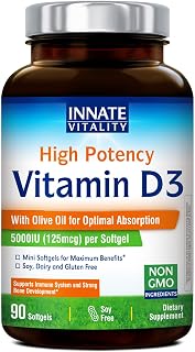 Innate Vitality Vitamin D3 5000 IU (125 mcg), High Potency Vitamin D, Non-GMO, No Soy or Gluten, in Olive Oil, Mini Softgels, 90 Count