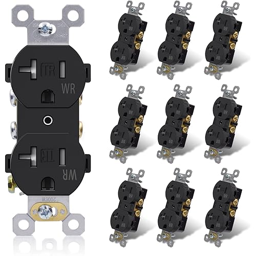 ELEGRP 20 Amp 125V Duplex Receptacle, Standard Electrical Wall Outlet, TR Tamper Resistant and WR Weather Resistant, 2 Pole 3 Wire, Self-Grounding, Residential Grade, UL Listed, Glossy Black, 10 Pack