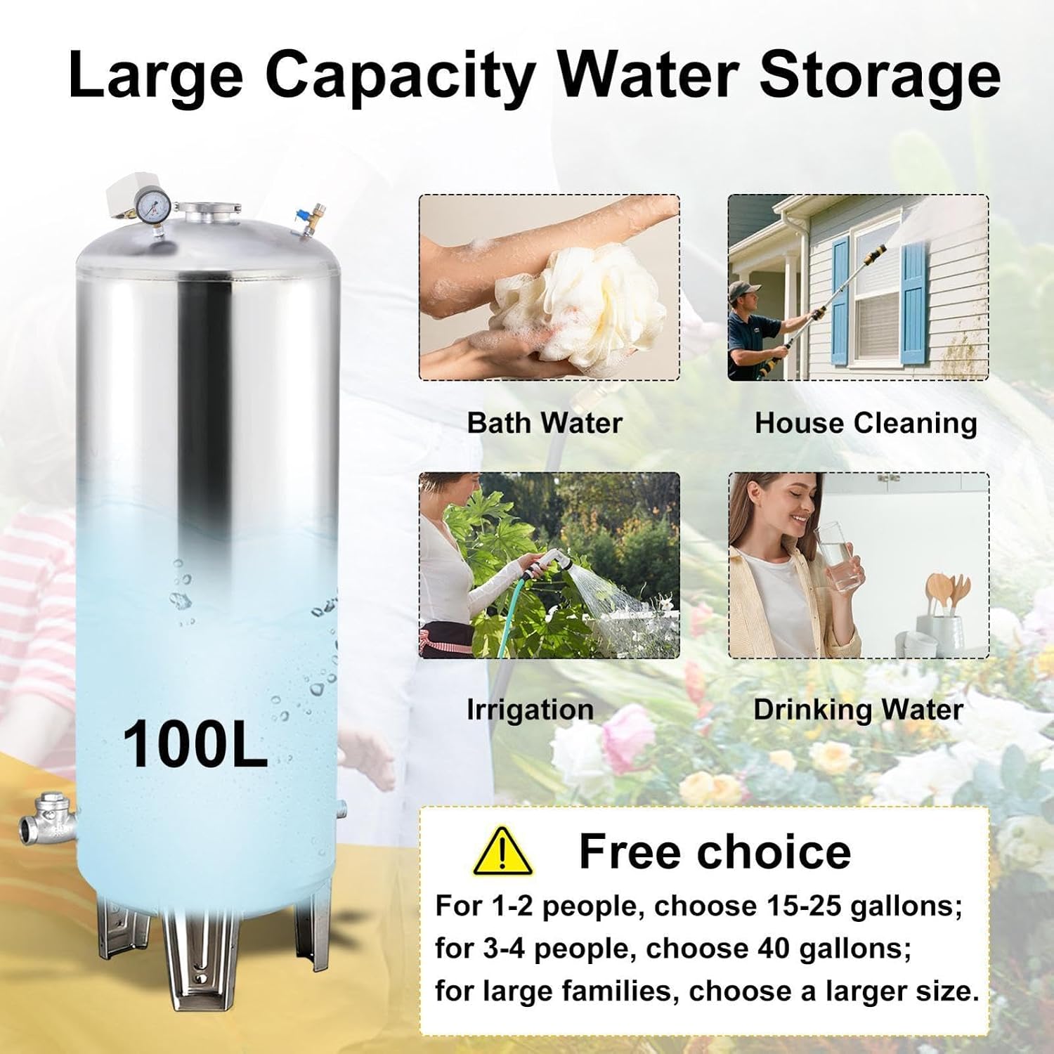 Pressure Tank for Well Pump 26 Gal Food Grade 304 Stainless Steel Water Pressure Tank with Automatic Supply 42 PSI Working Pressures Non-Bladder with Drain Valve Self-Cleaning Port and Accessory