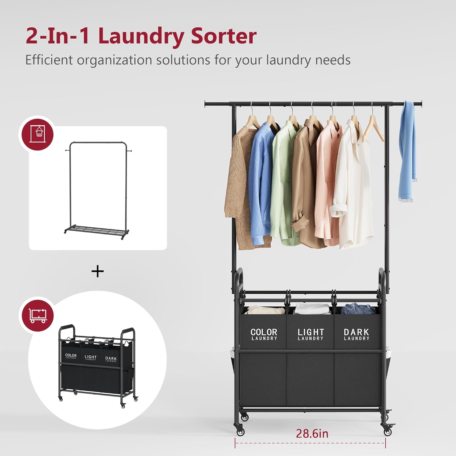 5 Bag Laundry Sorter Cart Plus 3 Section Laundry Sorter with Hanging Bar