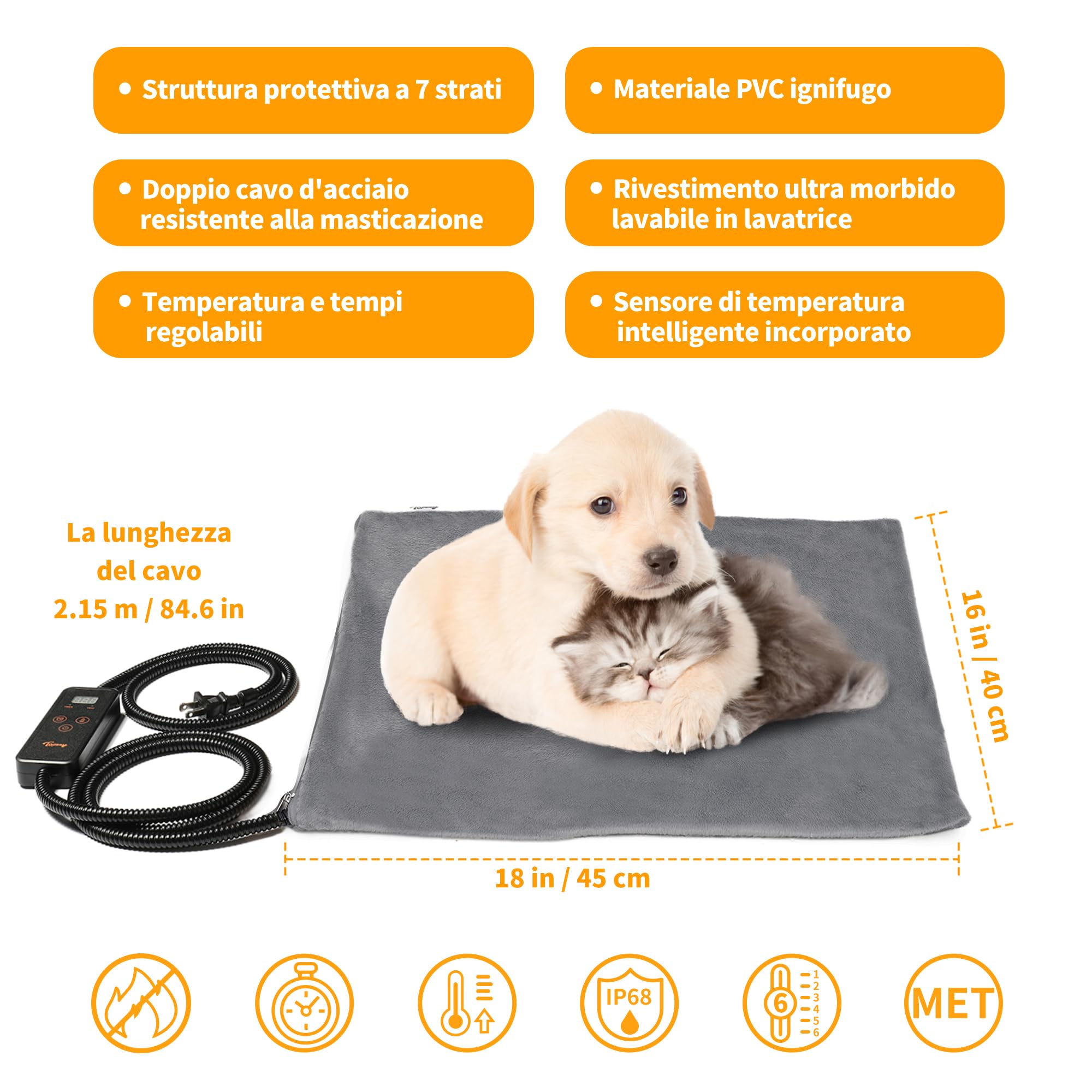 Toozey Tappetino Riscaldante per Cani e Gatti Tappeto Riscaldante per Animali Domestici Elettrico Regolabile Timer e per Temperatura per Cani e Gatti Neonati/Piccoli/Anziani, Grigio - S (45 * 40cm)