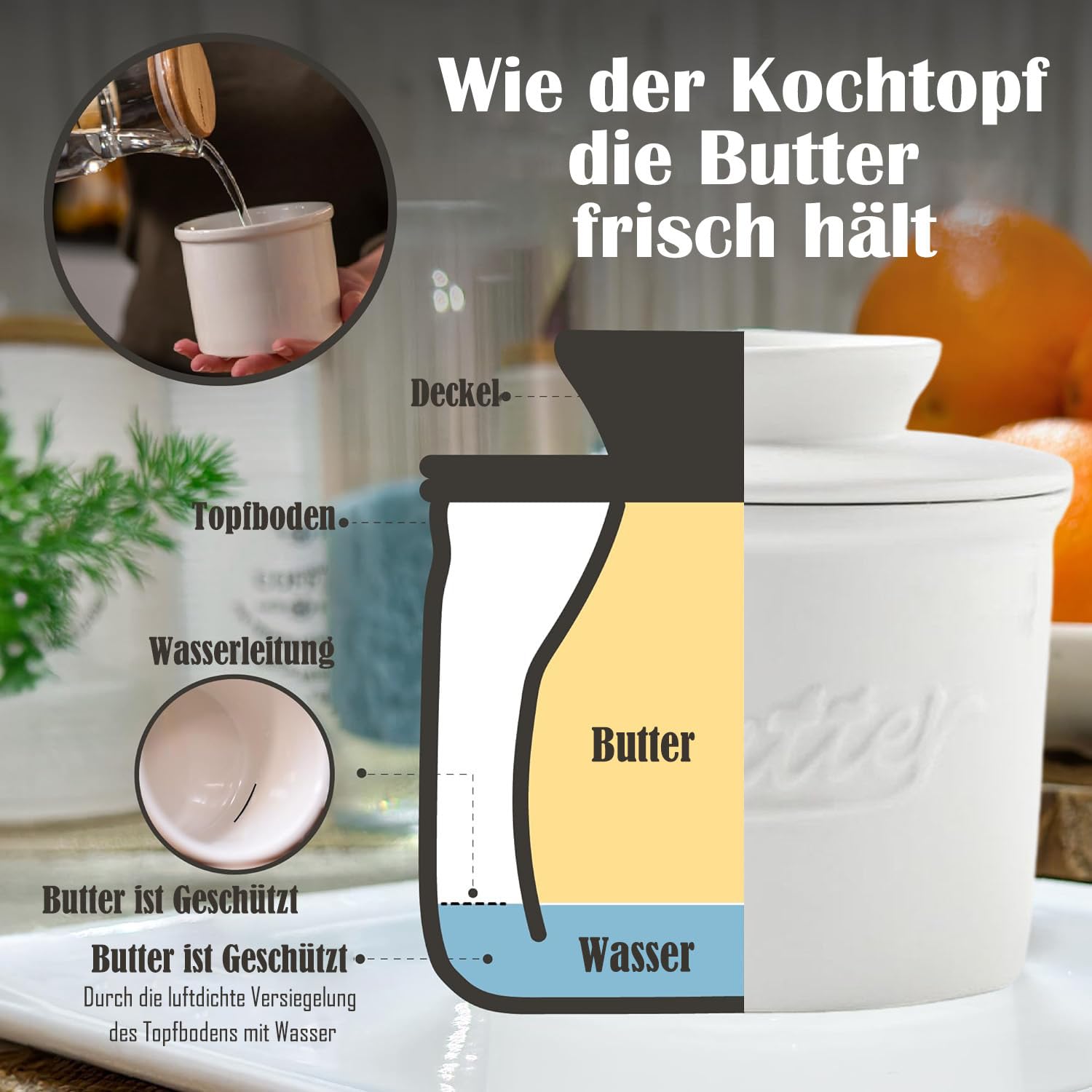 Burriera In Ceramica Con Raffreddamento Ad Acqua - Contenitore Rotondo Per Burro Spalmabile, Design In Marmo, Con Coperchio