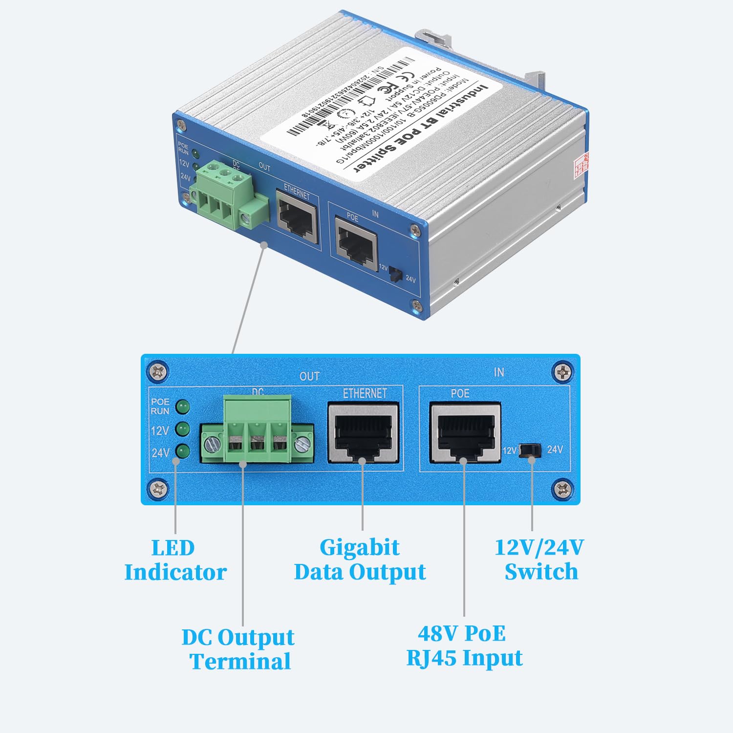 Industrieller 60 Watt Gigabit BT PoE Splitter auf DC 12V/24V Leistungsausgang, 10/100/1000Mbps IEEE802.3BT, für Nicht PoE Geräte bis zu 100 m, Plug and Play (PD6005G-B)