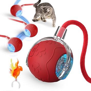 Interactive Cat Toys for Indoor,Automatic Moving Electric Rolling Pet Ball,Smart Teasing Toy for Kitty,3 Modes and USB Rechargeable,Tail 2.0 Cat Feather Toy Red