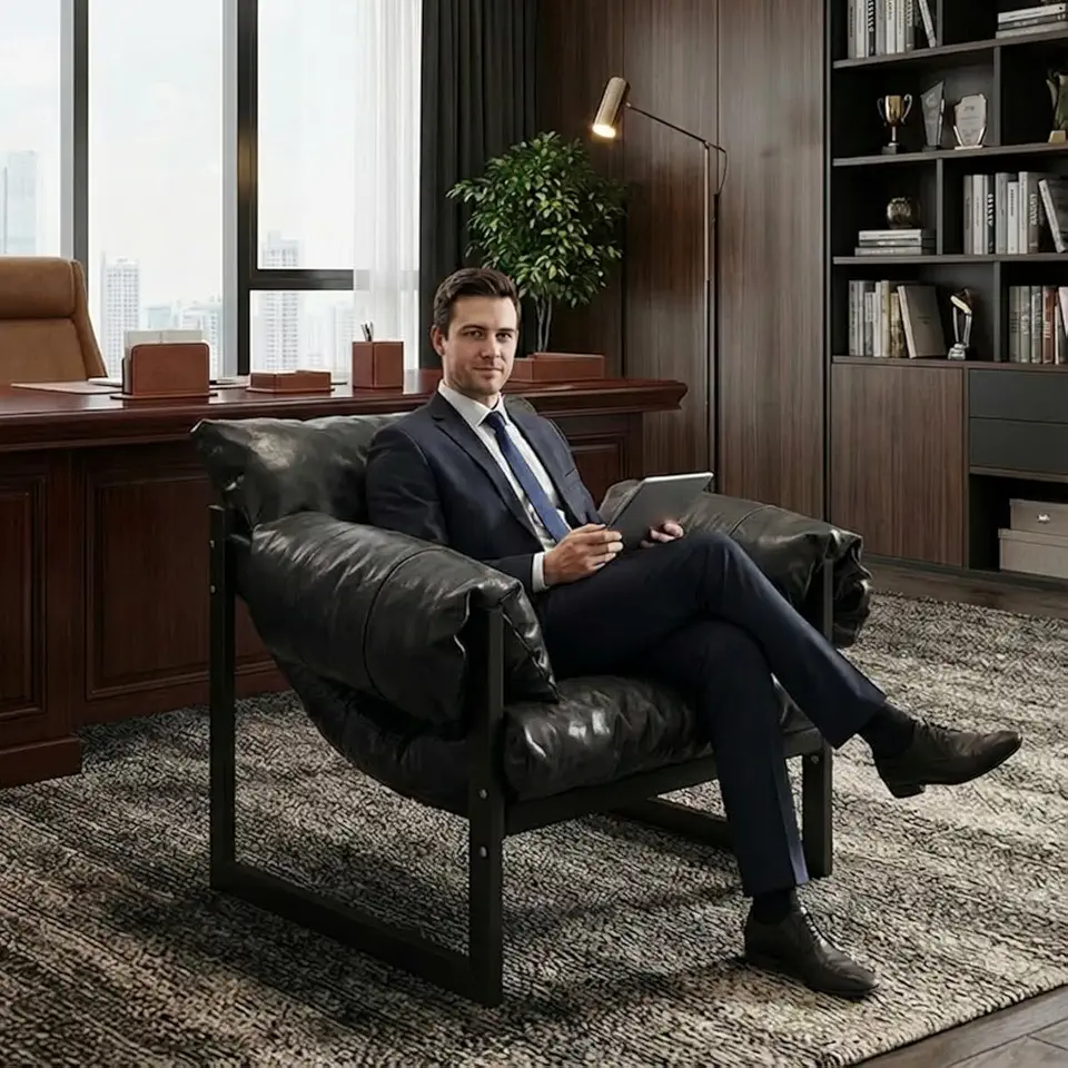 Poltrona do Presidente ampla de couro moderna para sala de estar, cadeira grande capacidade para pessoas altas, Poltrona confortável com base de madeira