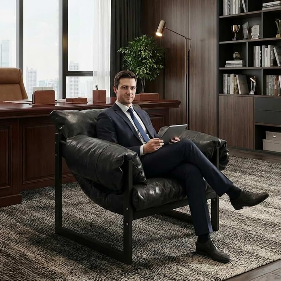 Poltrona do Presidente ampla de couro moderna para sala de estar, cadeira grande capacidade para pessoas altas, Poltrona confortável com base de madeira