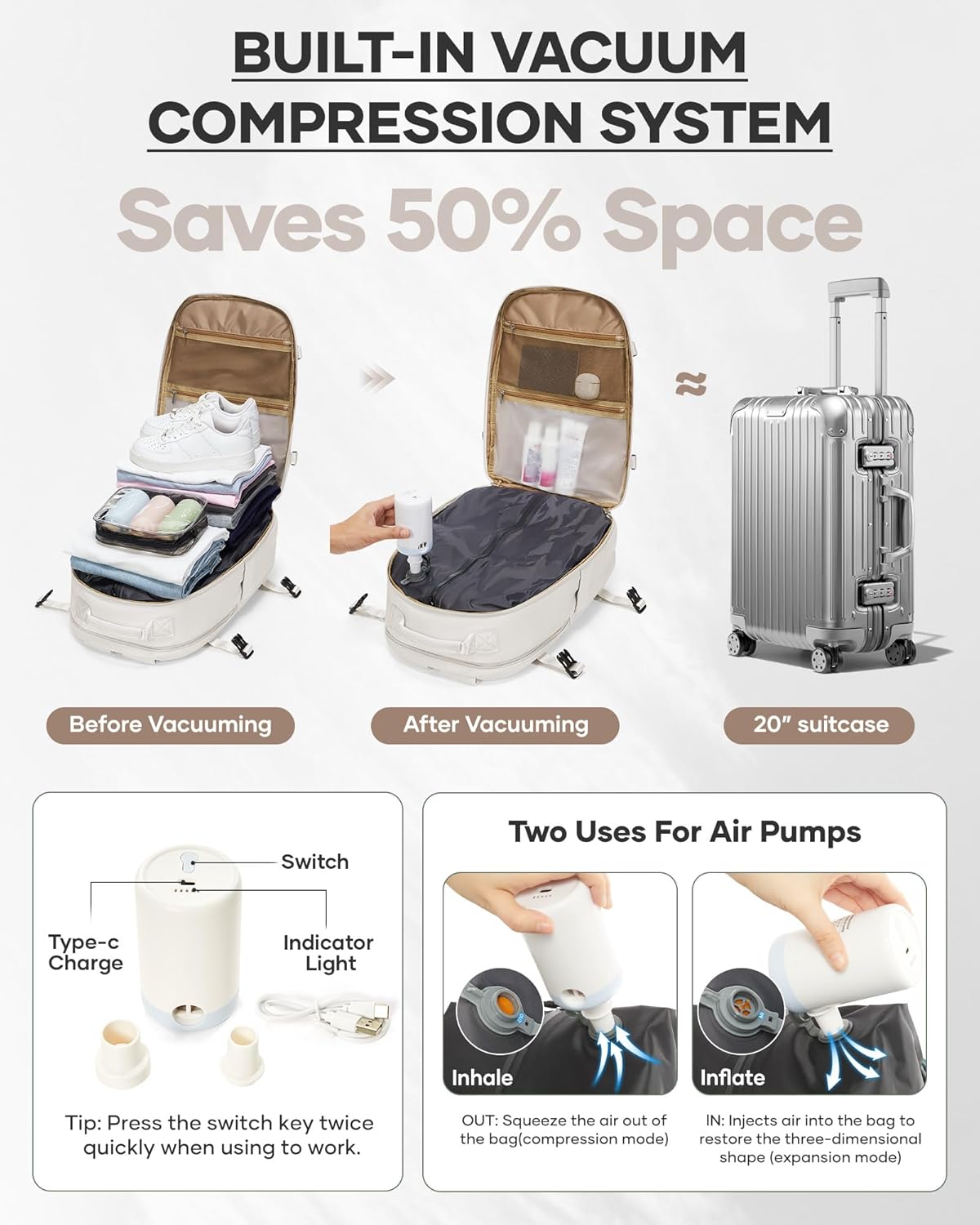 wepadre Vacuum Travel Backpack with Pump Travel Backpack with Vacuum System Easy Vac Pack Backpacks Compression Backpacks Mochila de Viaje Compresion al Vacio Beige - Image 2