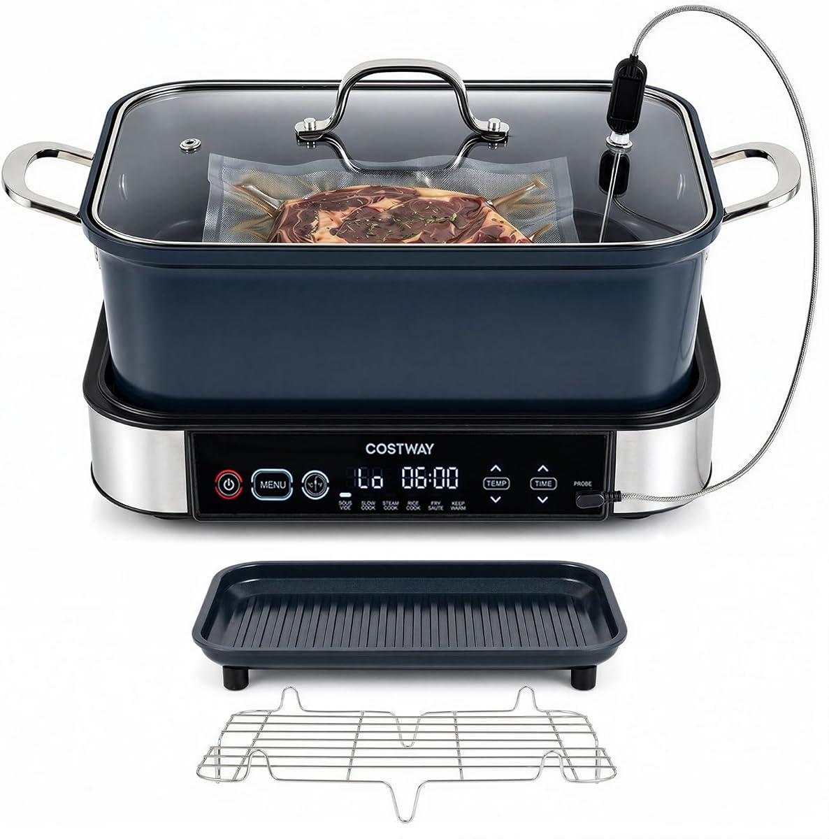 COSTWAY 6-in-1 Programmable Slow Cooker with Sous Vide, 6.8 Quart, Steam, Fry, Rice & Keep Warm Functions, Adjustable Timer & Temp Control, Nonstick Removable Pot, Dishwasher Safe Parts