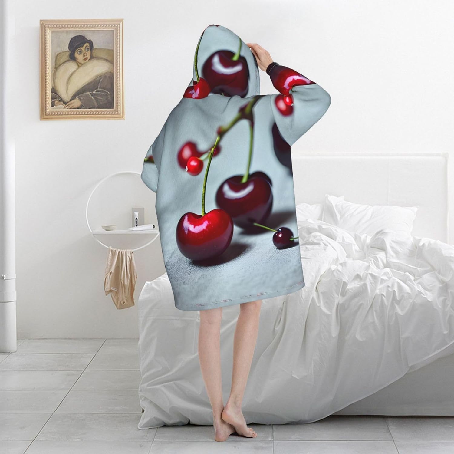 Red Cherries Patternprint Oversized Hoodie Blanket, Super Soft Warm Comfortable Hoodie, Wearable Blanket Adult