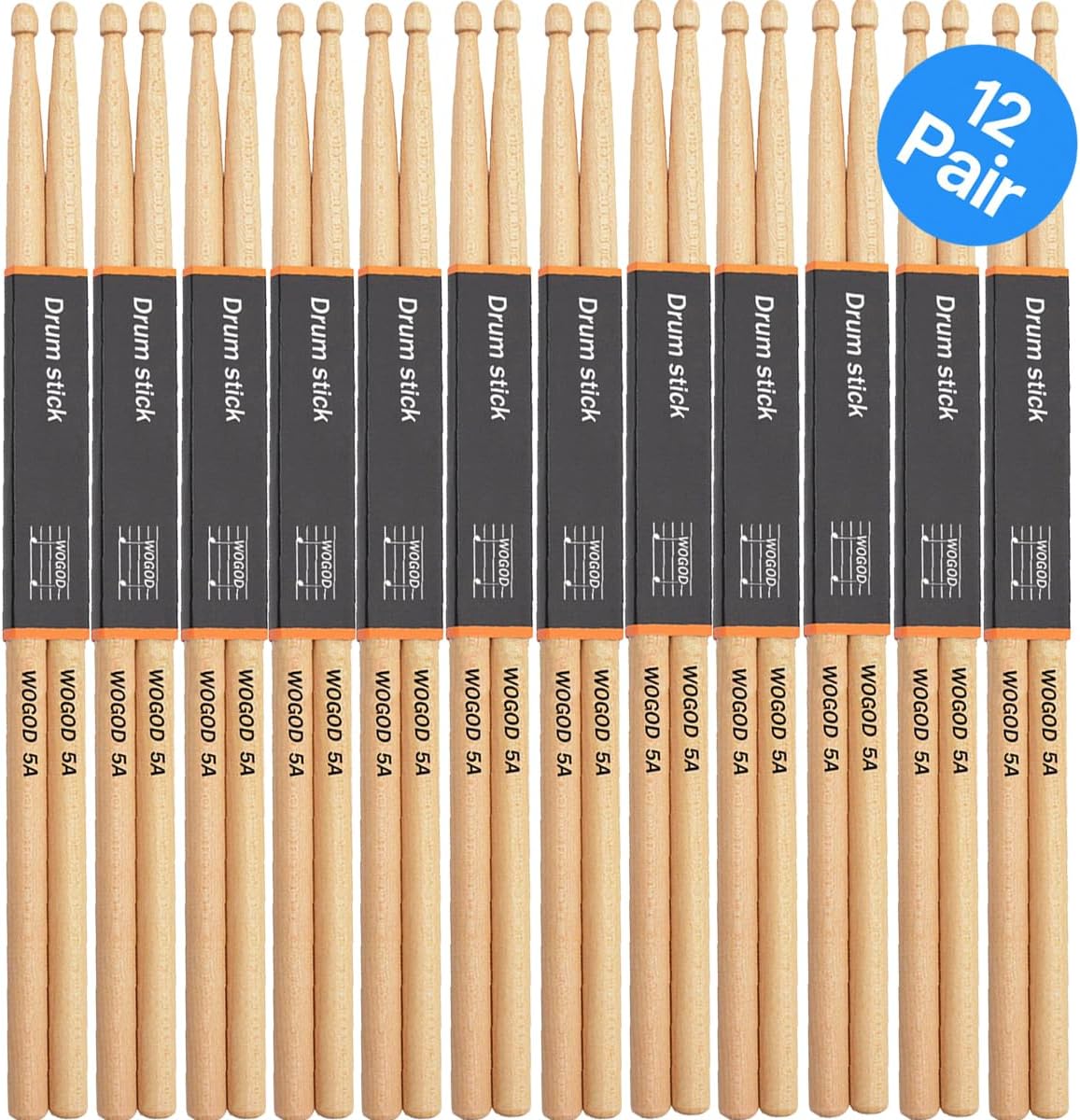 WOGOD Drum Sticks 6-Pack Maple Drumsticks 5A Patented Wavy Design Drum Sticks – Style (BZFM-12PAIR)