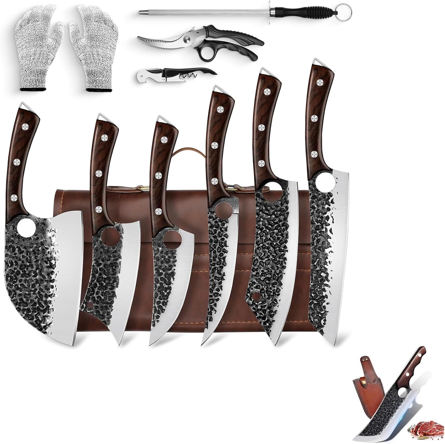 Serbian Chef Knife Set, Gift for Dad, Hand Forged Knife Set with Bag, Full Tang Kitchen Knife Set with Belt Sheath Gift Box High Carbon Steel Set for Brisket Trimming,Kitchen or Camping