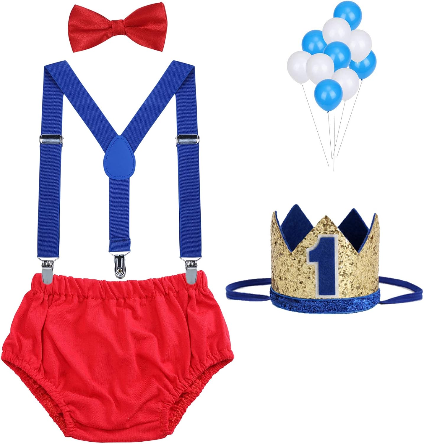 WELROG Baby Boys First Birthday Cake Smash Outfit Bow Tie Suspenders Bloomers Birthday Hat Sparkle Gold Set