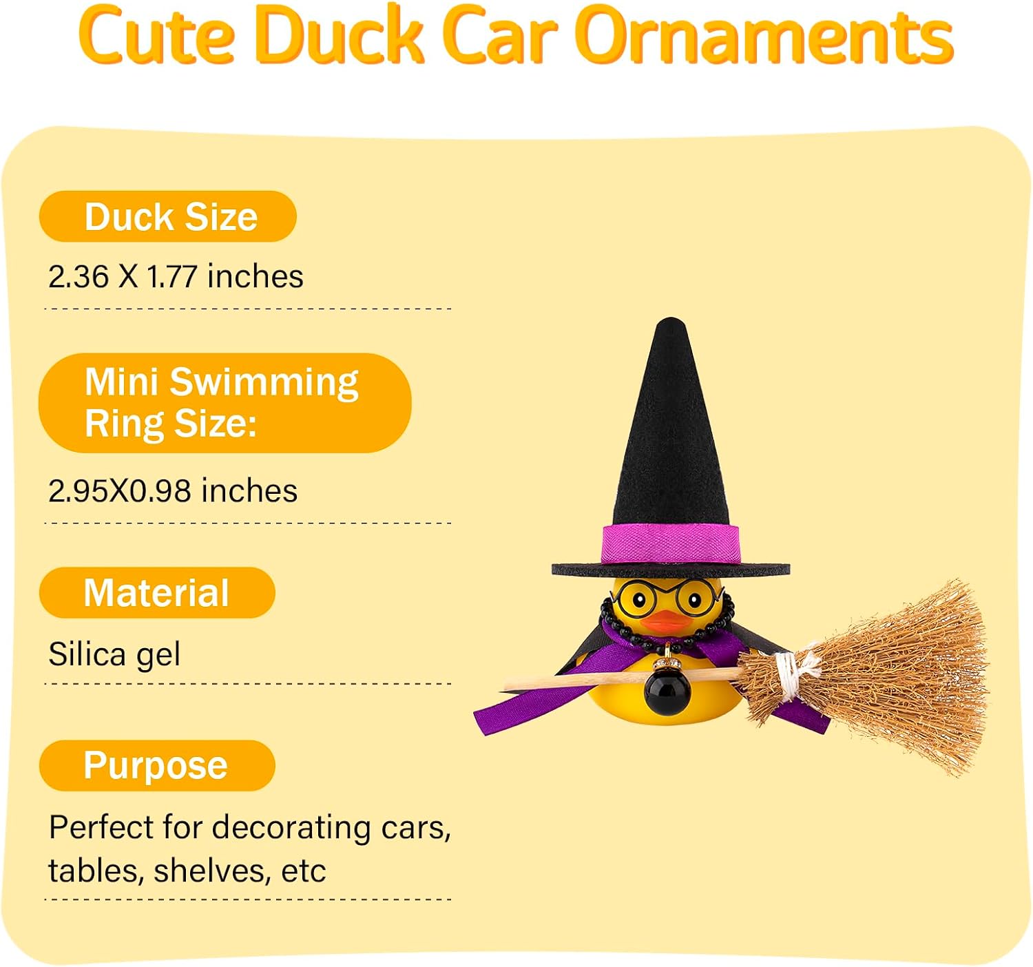 Wonuu Duck Car Dashboard Decorations Duck Car Ornaments Cute Car Accessories with Magic Hat Broom Necklace and Round Sunglasses, Black & Purple