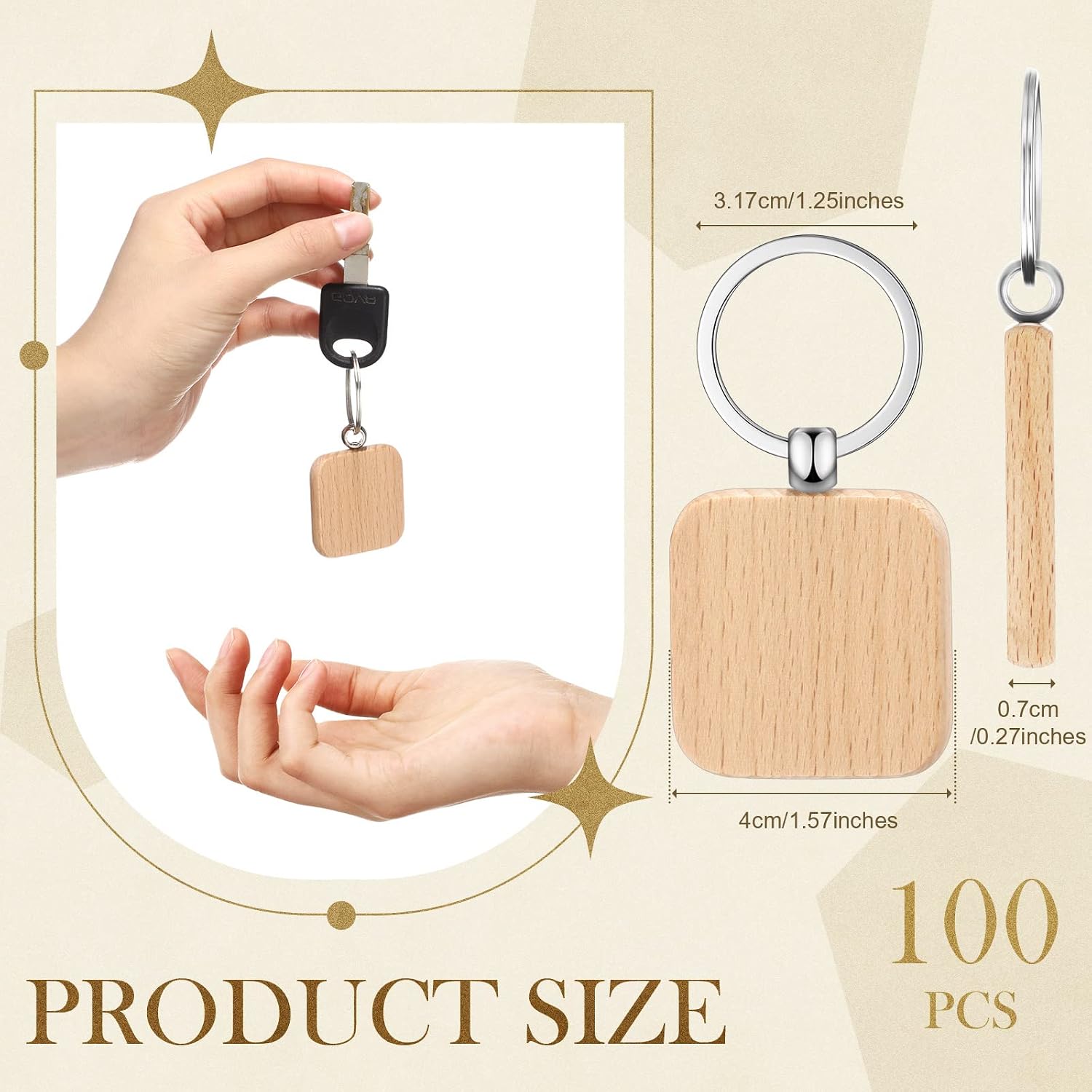 Yinkin 100 Pcs Wooden Keychain Blanks Bulk Laser Engraving Key Chain Unfinished Wooden Key Ring Tag for DIY Gift Crafts (Square)