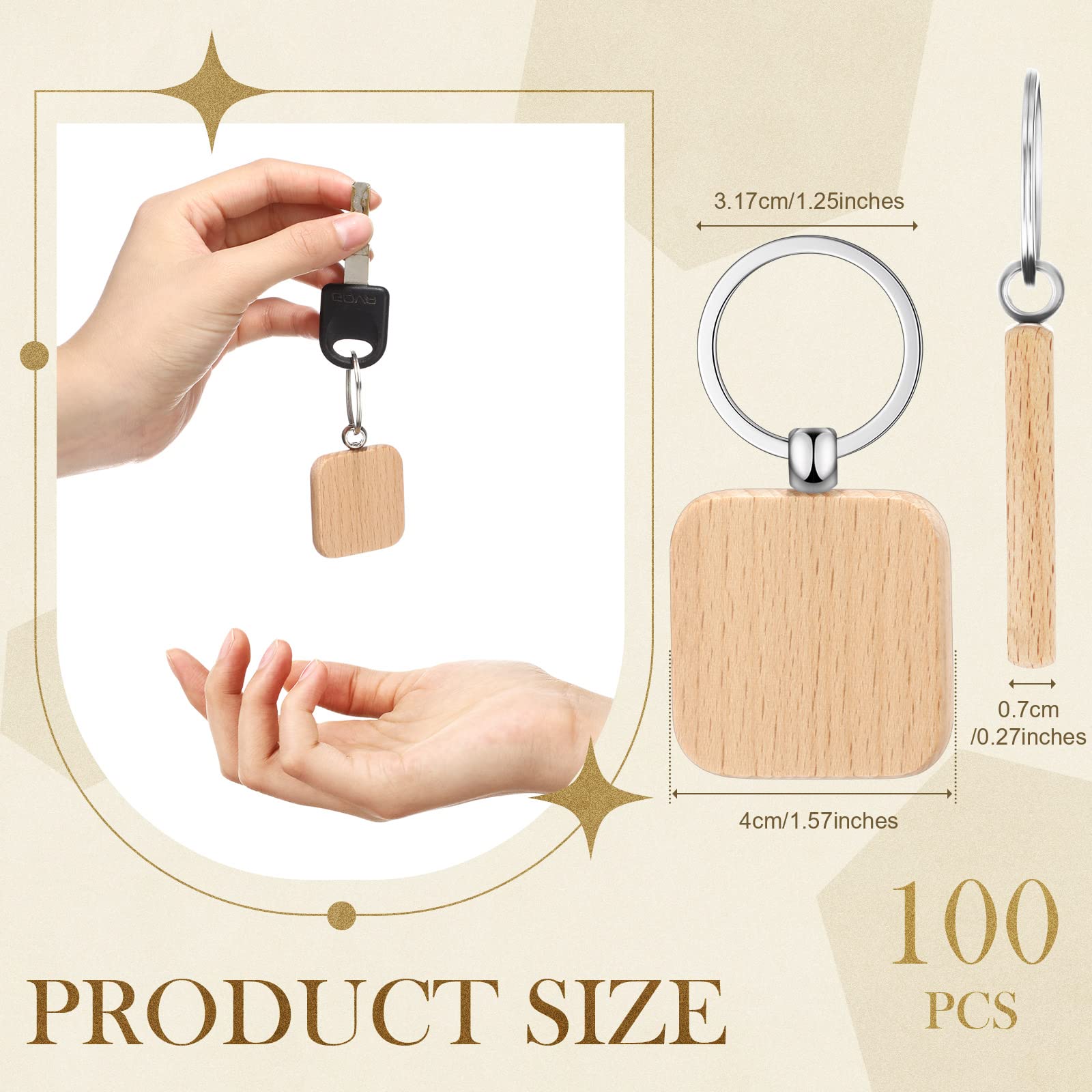Yinkin Schlüsselanhänger aus Holz, Laser-Gravur, Rohlinge, quadratische Holzrohlinge, Schlüsselanhänger, Großpackung, unlackierter Holzschlüsselring, Schlüsselanhänger für DIY-Geschenk, Handwerk (100