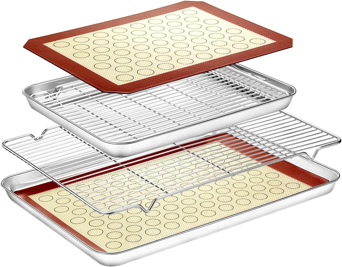 Baking Sheet with Baking Rack Mat Set (2 Sheets + 2 Mats + 2 Rack) - Estmoon Pure Stainless Steel baking Pan Tray Cooling Rack with Cookie Mat, Non Toxic & Easy Clean, Mirror Finish & Rust Free