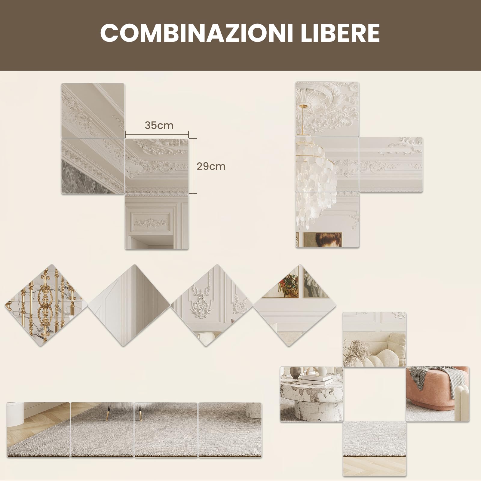 WEER 4 Pezzi Specchi Adesivi da Parete senza Cornice, 35x29cm Vetro Temperato Piastrelle a Specchio Autoadesive per Palestra, Bagno, Camera da Letto & Decorazione Murale Fai da Te