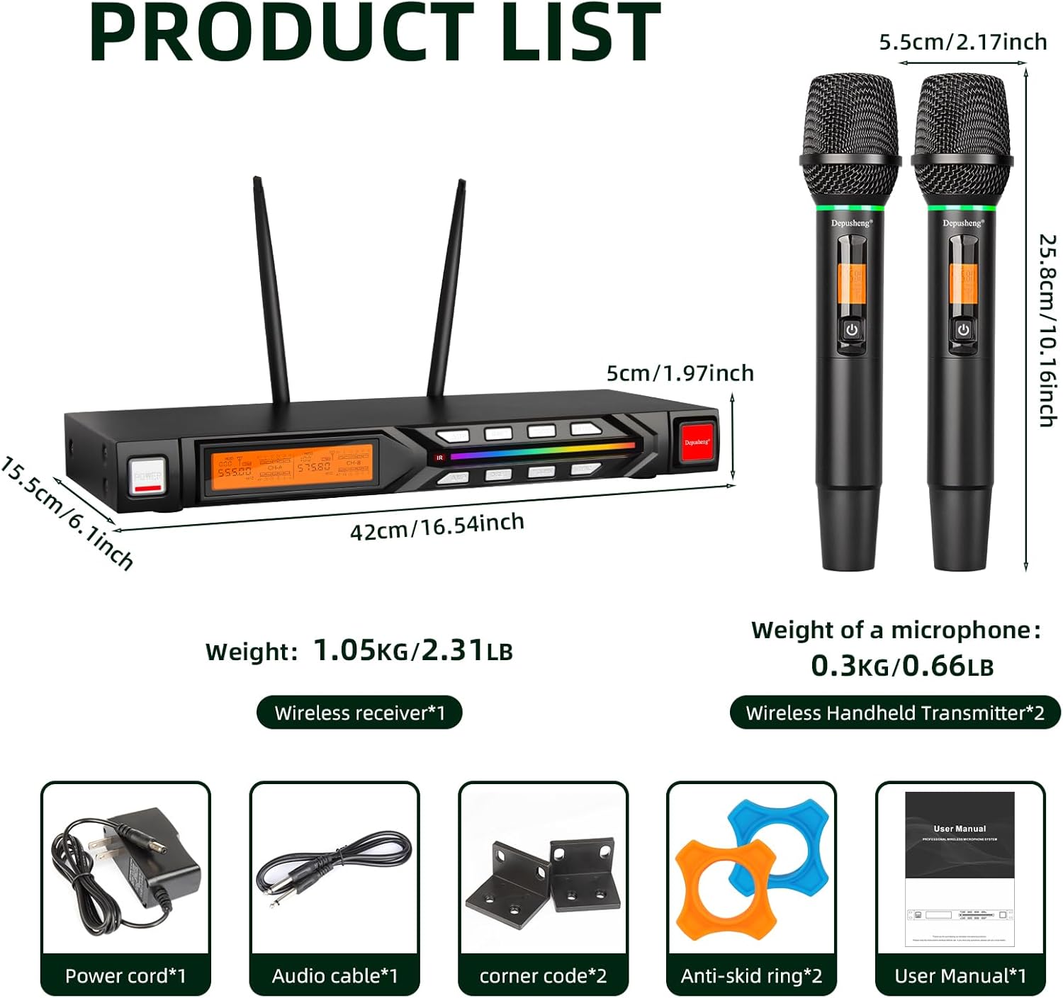 Depusheng R7 Wireless Microphone Set with Two Wireless Dynamic Handheld Microphones Receiving Range of 80 Meters Suitable for Karaoke Concert Stage - Image 7
