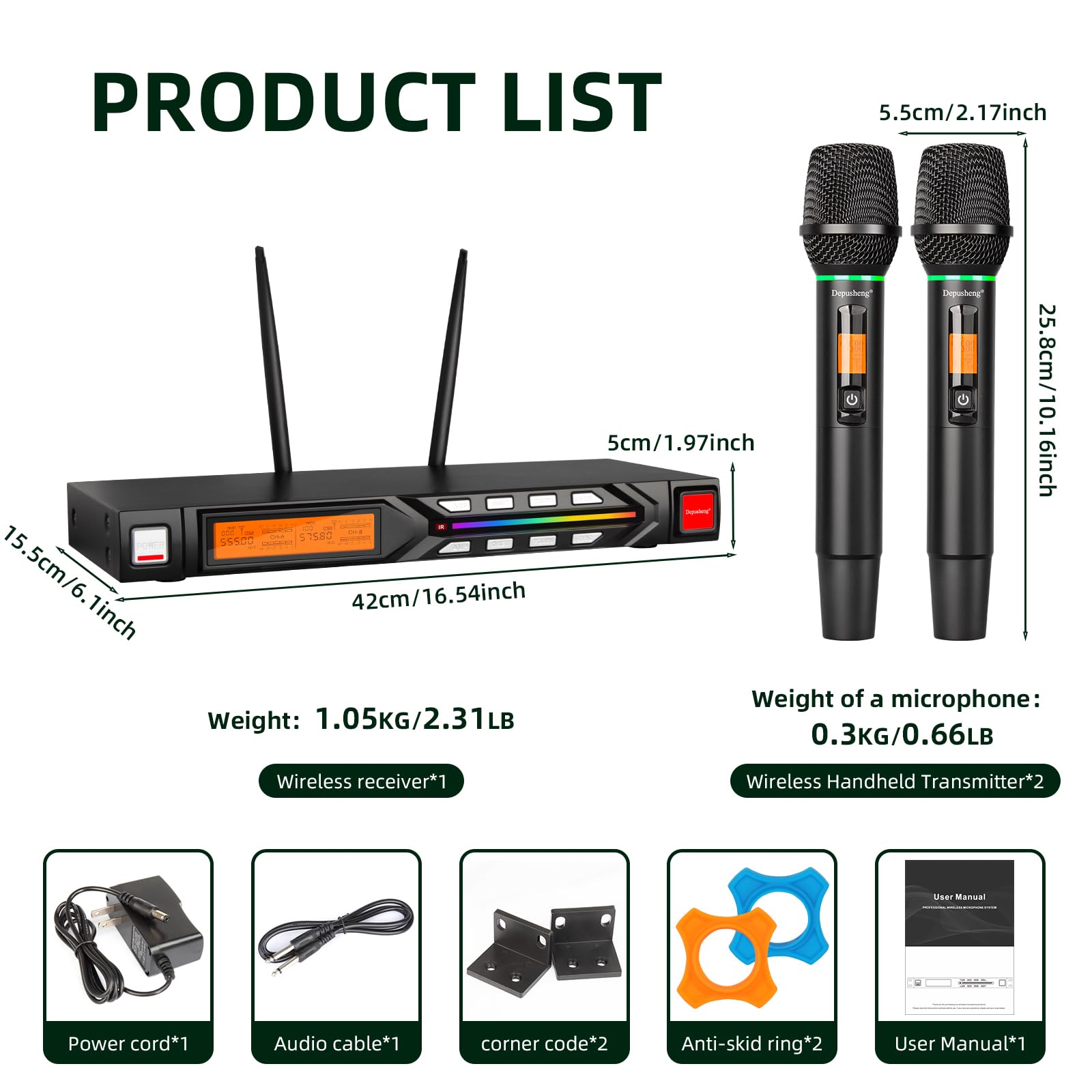 Depusheng R7 microfono wireless dotato di due microfoni portatili dinamici e ricevitore, con un raggio di ricezione di 80 metri, adatto per palchi di concerti karaoke
