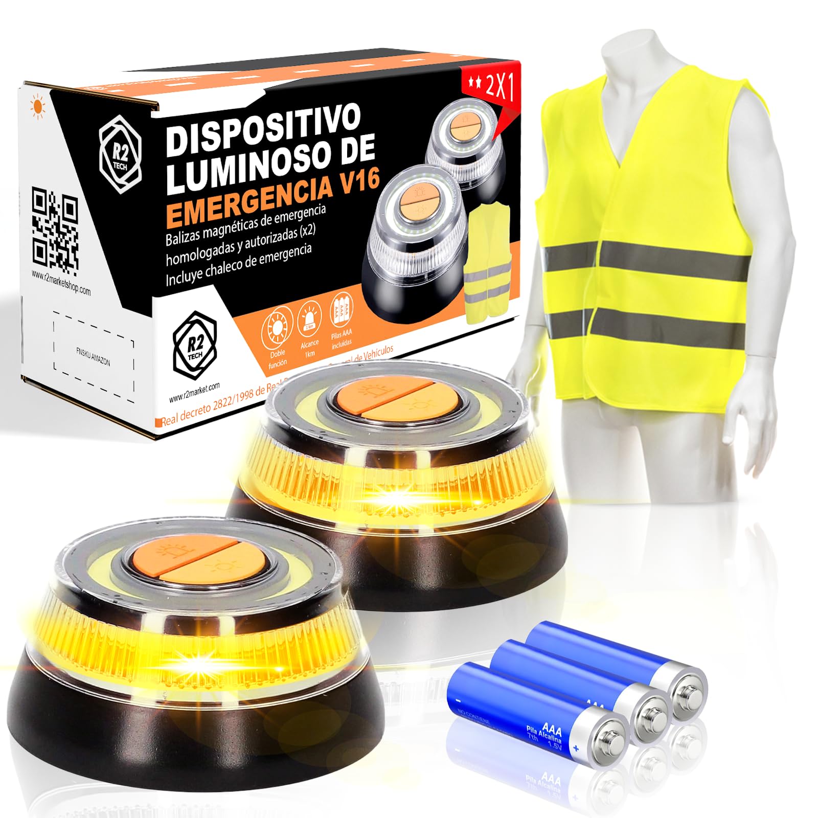 SUPER PACK Baliza V16 - Luz Emergencia Coche – Pack 2 Balizas V16 + Chaleco Reflectante, Pilas Incluidas, accesorios coche | v16 sin geolocalización | Certificación IP54 | Accesorios Coche