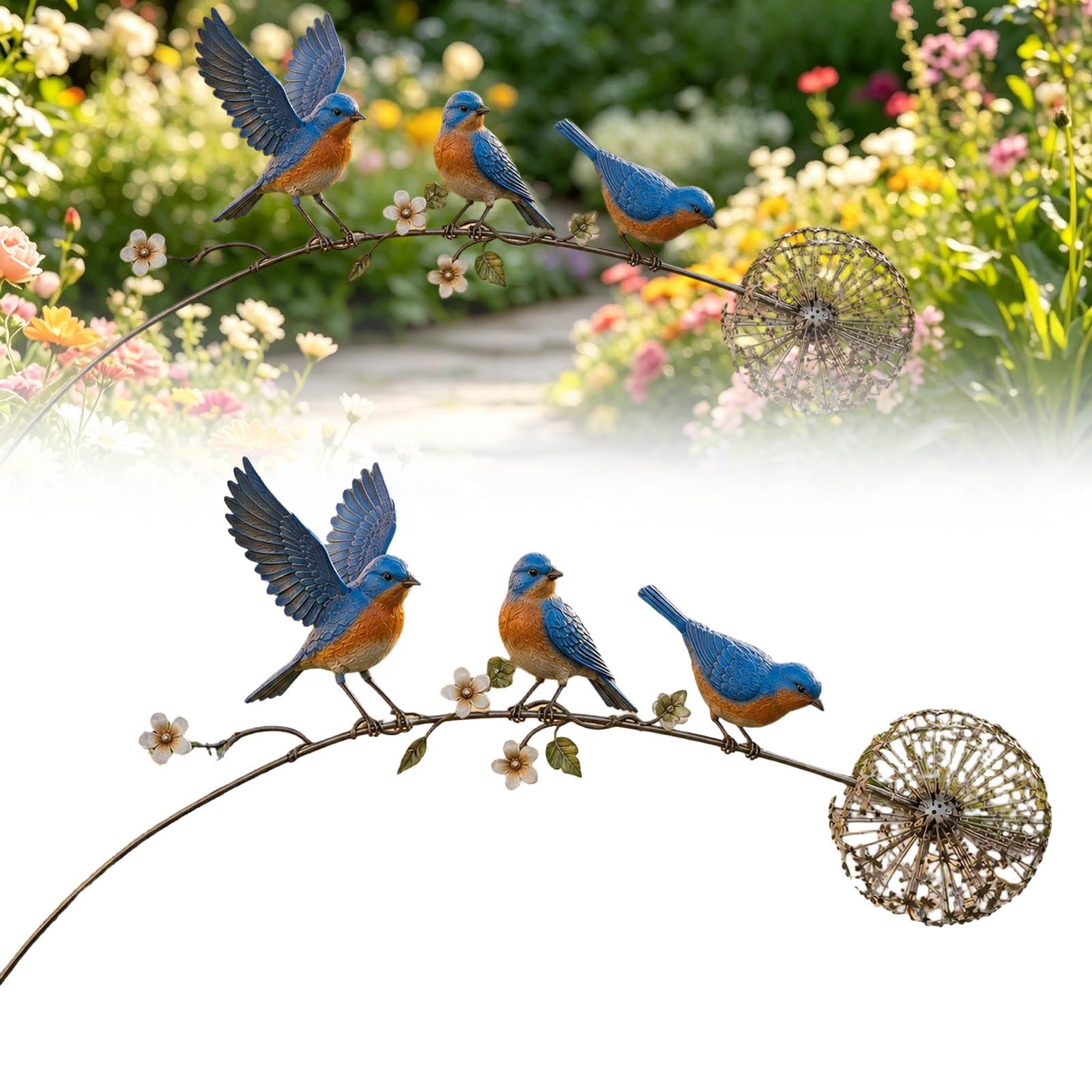 Robin Garden Stake, Rustic Robin Bird Yard Art Decorations with Dandelion Accent, Metal Robins Bird Garden Sculpture,for Lawn Patio Flower Bed and Backyard, Memorial Gift (Blue*1)