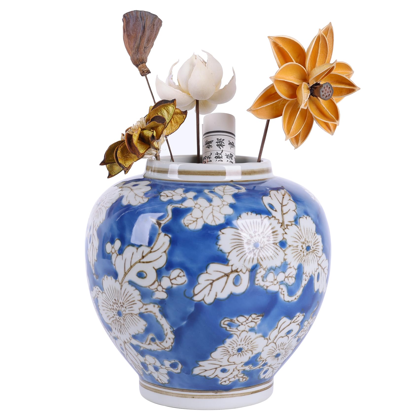 Handcrafted Blue and White Porcelain Vase,7.28" H Handmade Chinoiserie Floral Design,Large Traditional Chinese Style Ceramic Vase, Choice (Blue)