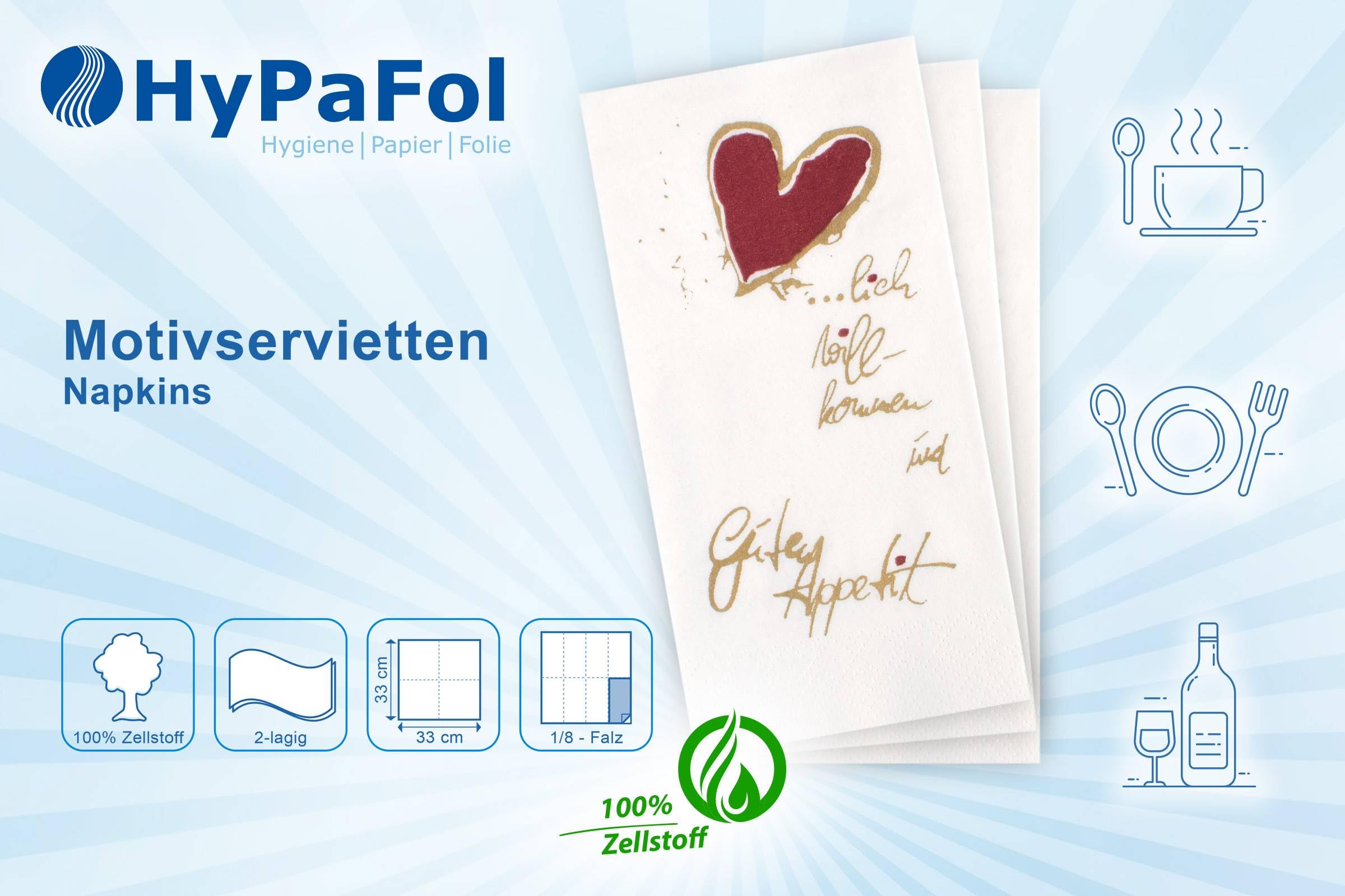 2000x Hypafol „Herzlich Willkommen“ Papier-Servietten | Tissue-Servietten in 33x33cm | Tafelservietten mit Motiv | zwei Lagen Zellstoff, 1/8 Falz, Buchfalz (33x33cm, 2000, Stück)