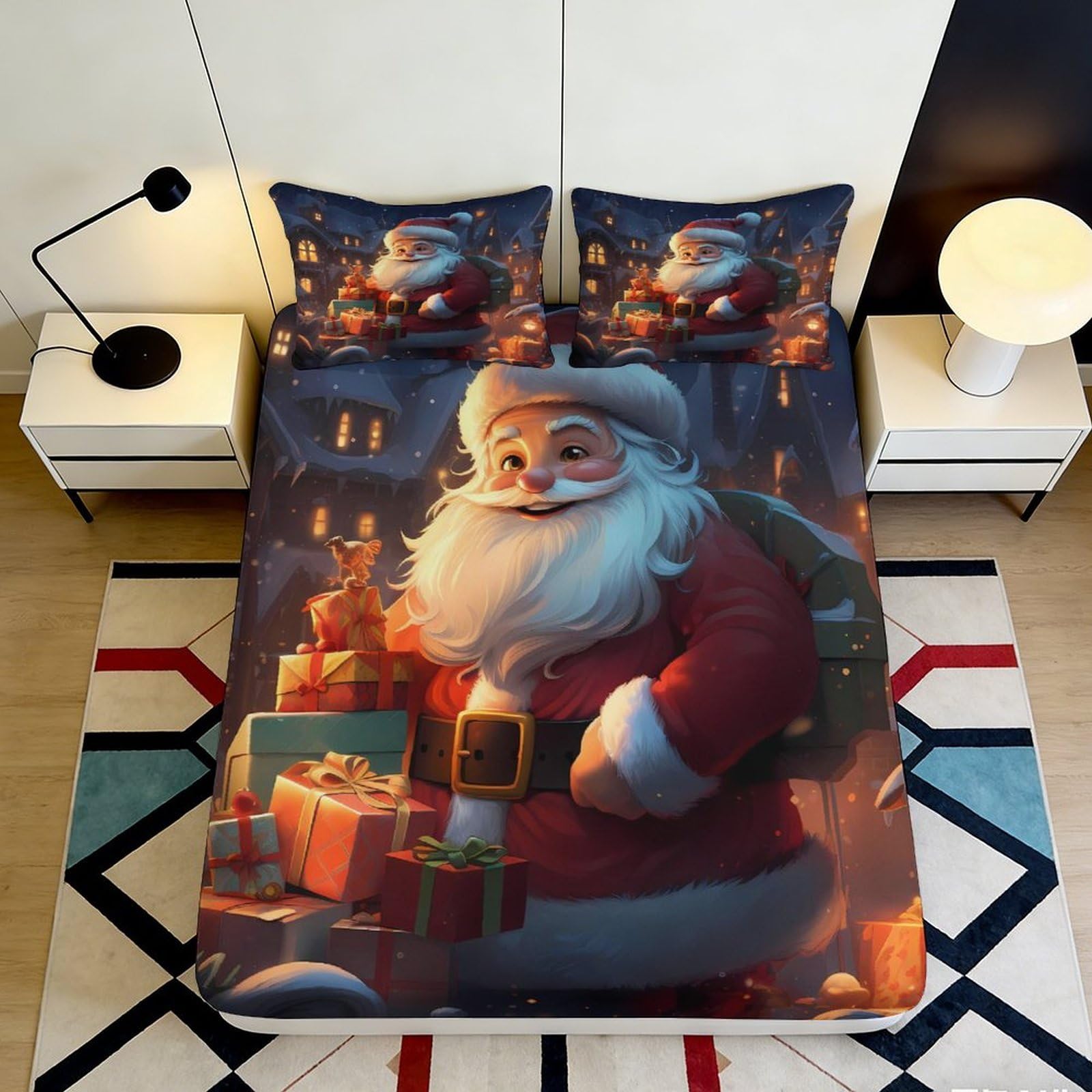 3D Printed Santa Claus Fitted Sheet Microfiber Soft Breathable Bed Cover for Bedroom Dormitory Guest Room Mattress Protection 200x200x25cm