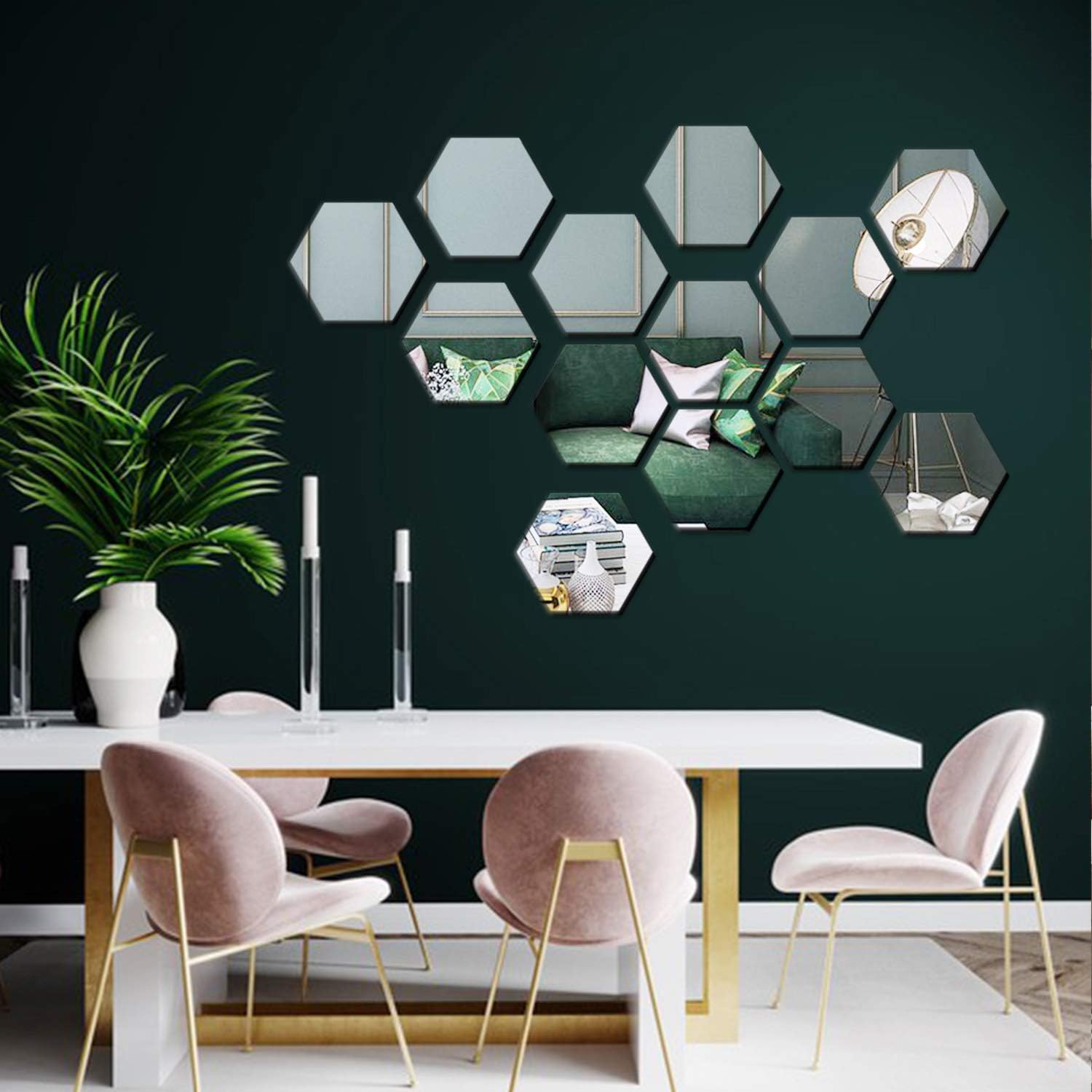 E EVENLIM 12 Pieces Hexagon Acrylic Mirrors 3D Wall Decor Tile Sticker, Silver Wall Decals for Bedroom Living Dining Bath Room Decorations Aesthetic for Teen Girls boy (7.9''x6.7''x4'')…