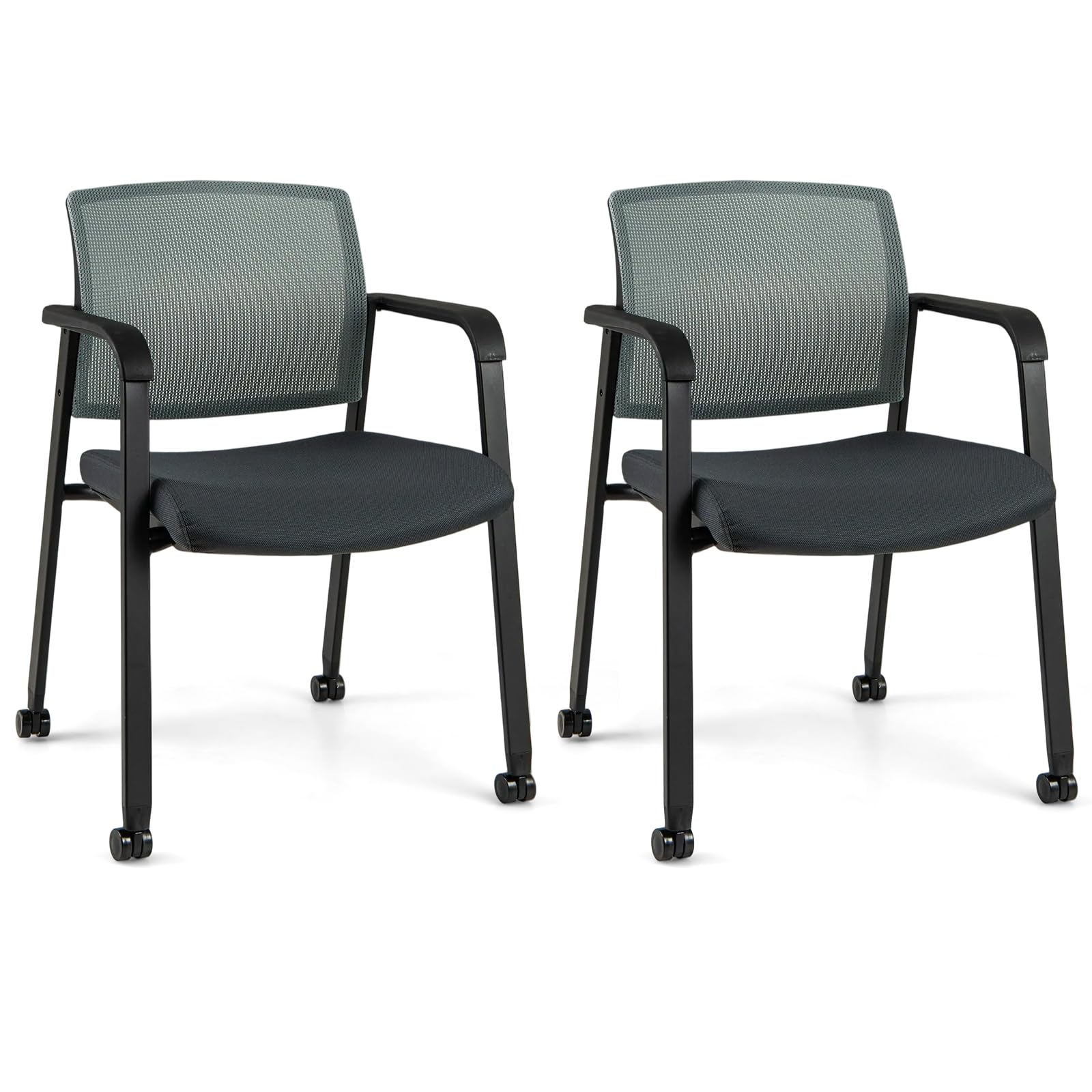 COSTWAY Set of 2/4/6 Stackable Reception Chairs, Upholstered Mesh Office Chair Meeting Conference Armchair, Computer Desk Seat Guest Visitors Chairs for Home Office (2PCS with Wheels, Grey)