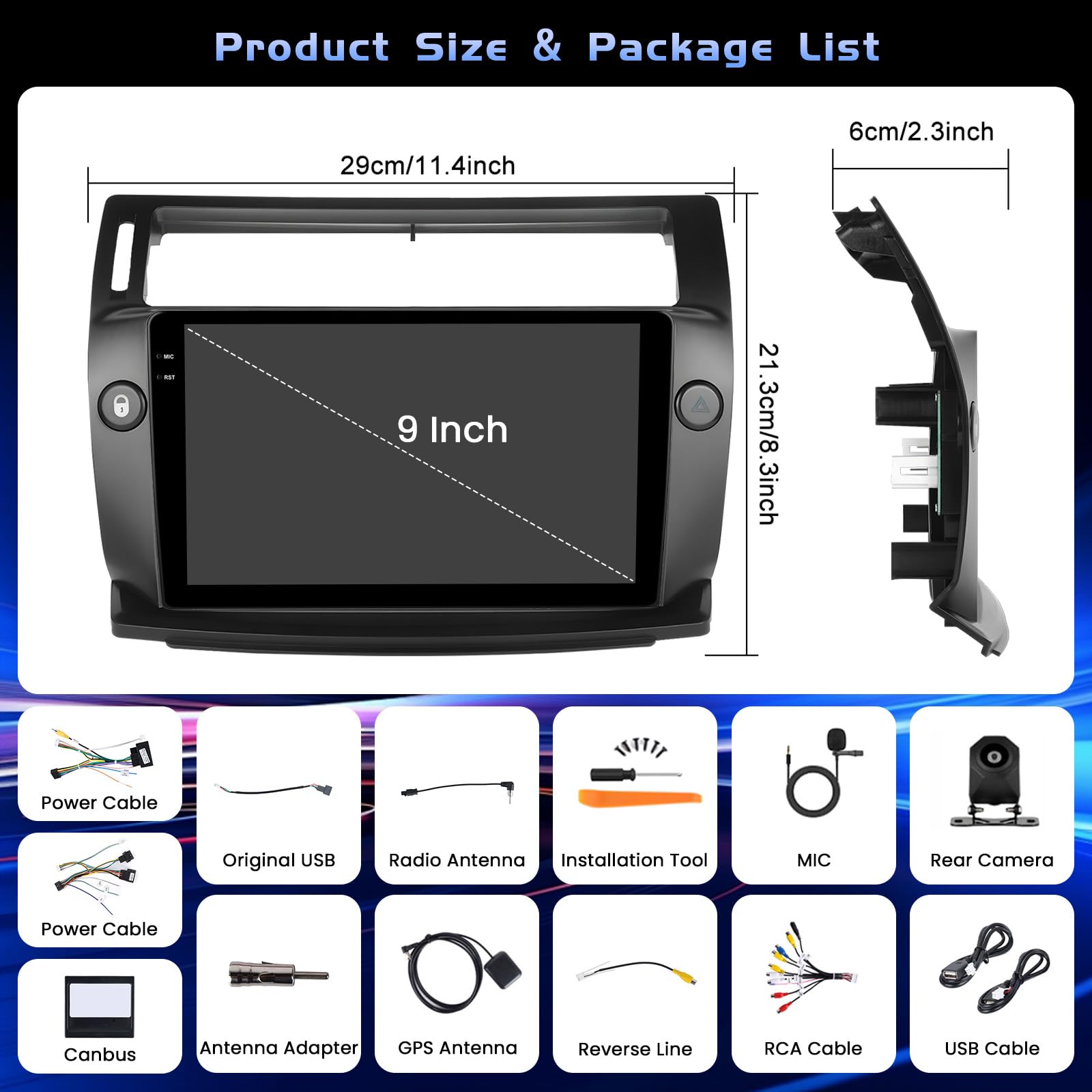 Hikity 4+64G Android Radio Coche para Citroen C4 2004-2009 Inalámbrico Carplay, Pantalla Táctil Incell 9 Pulgadas Android Auto/Bluetooth 5.0/GPS/FM/RDS/Cámara Trasera
