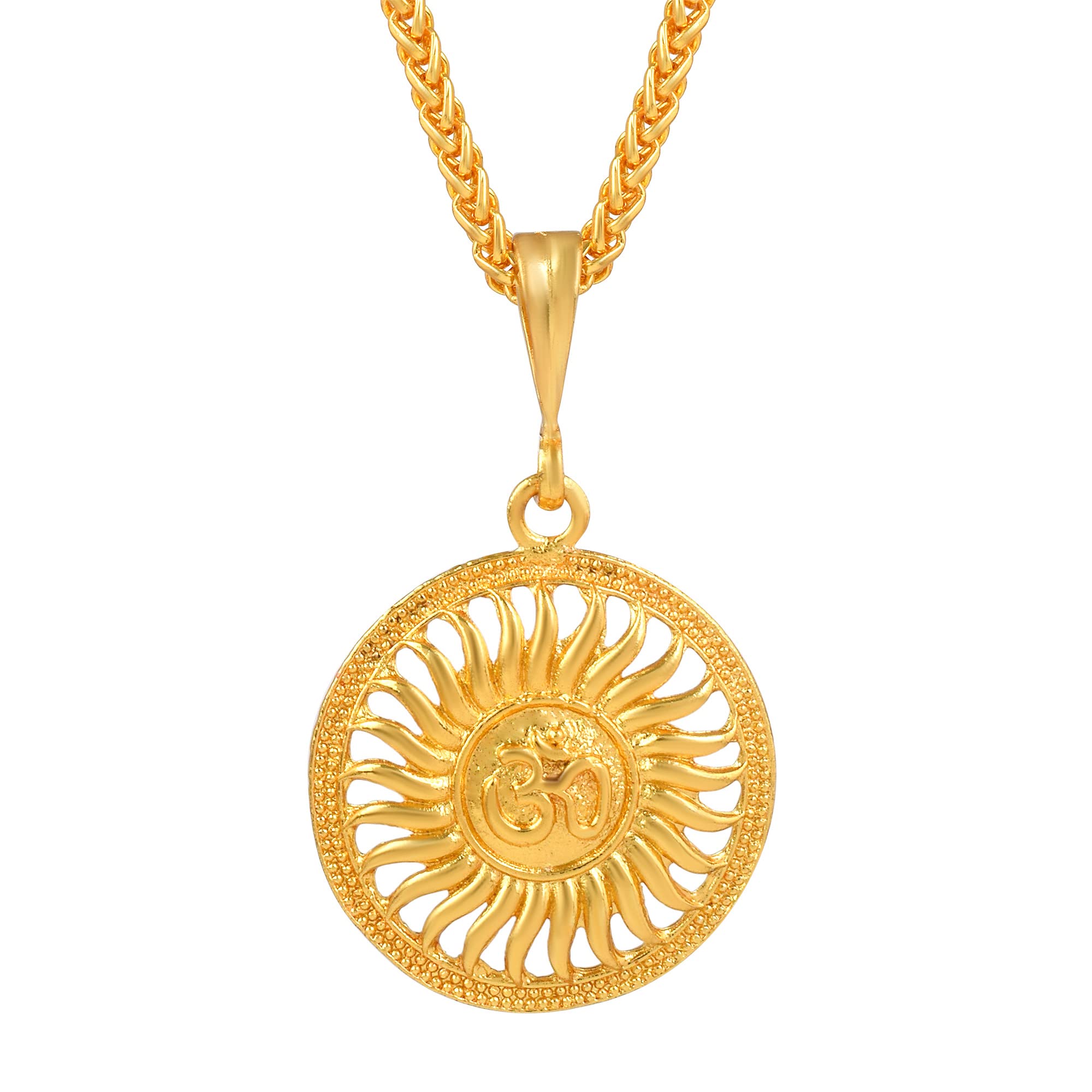 morir Brass Gold Plated Surya/Sun Design Om Pendant Chain Necklace For Men and Women-picture-46