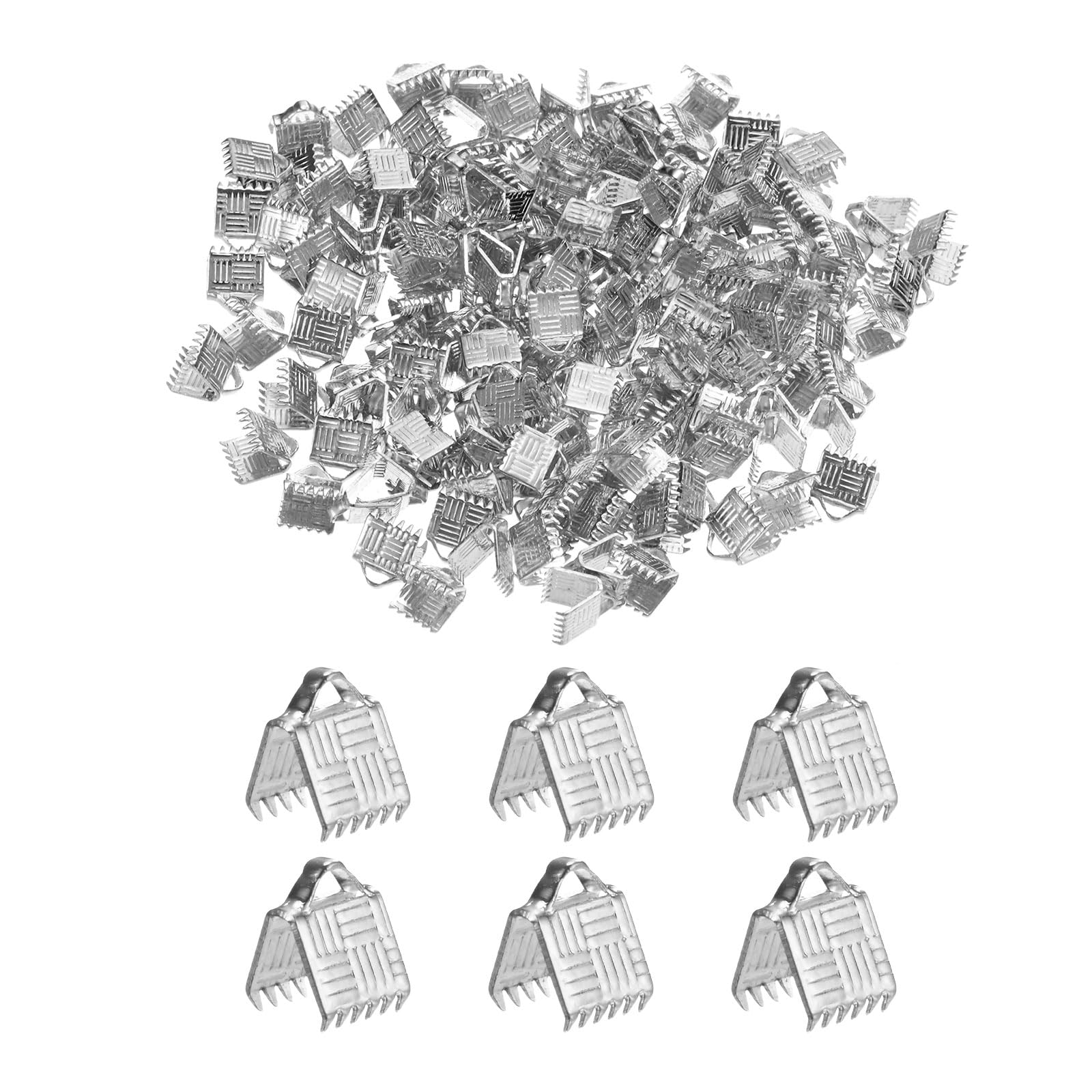 M METERXITY 200-Pack Ribbon Ends with Clamps, 0.2in/6mm Metal Bracelet Bookmark Pinch Crimp Clamp Stripe Texture for Jewelry Making/Bracelets/Necklaces/DIY, Pinch Cord End Clasps [White K]